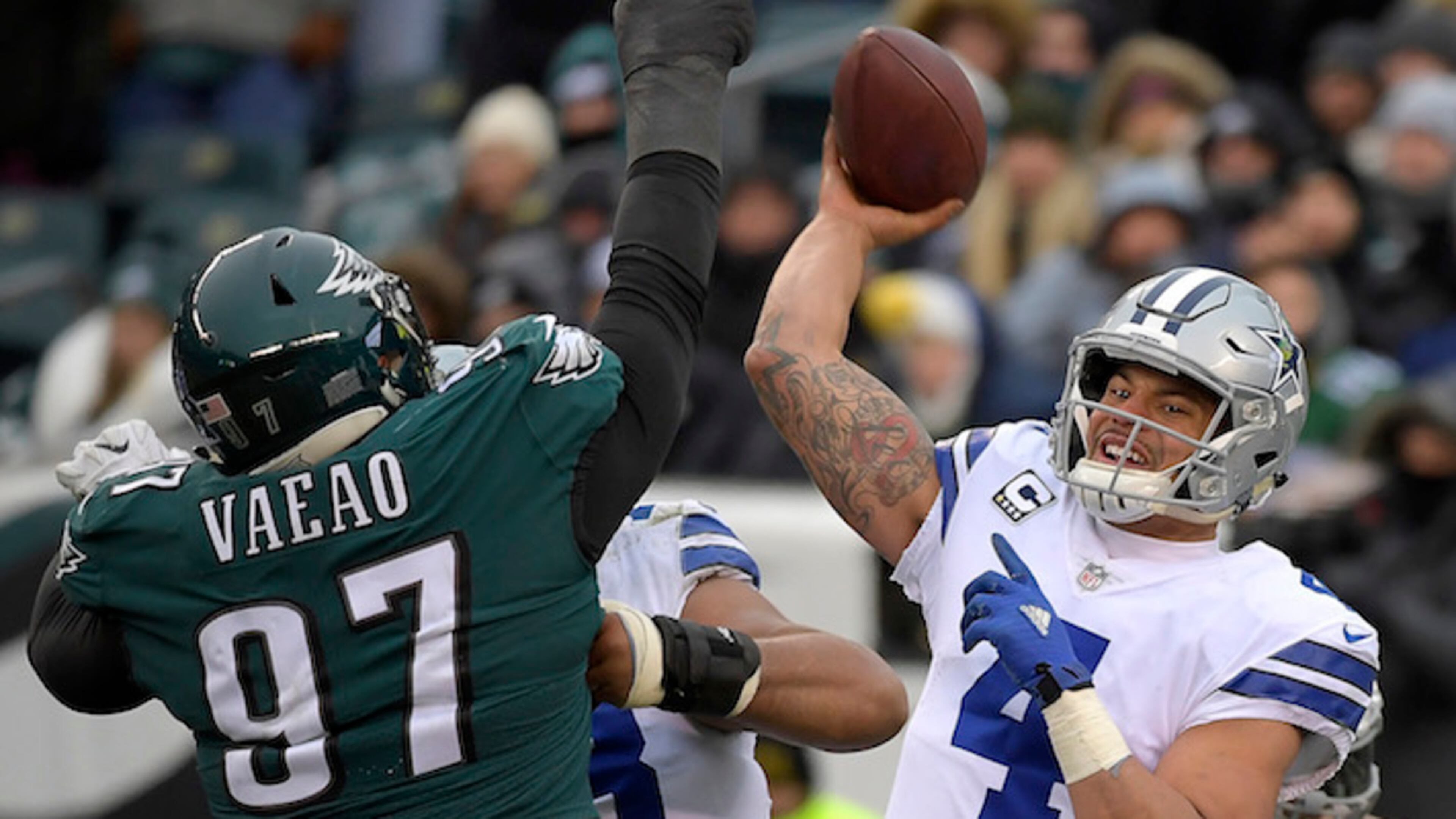 Dallas Cowboys quarterback Dak Prescott (4) throws over Philadelphia Eagles defensive tackle Destiny Vaeao (97) during the third quarter at Lincoln Financial Field in Philadelphia on Sunday, Dec. 31, 2017. The Cowboys won, 6-0. (Max Faulkner/Fort Worth Star-Telegram/TNS)