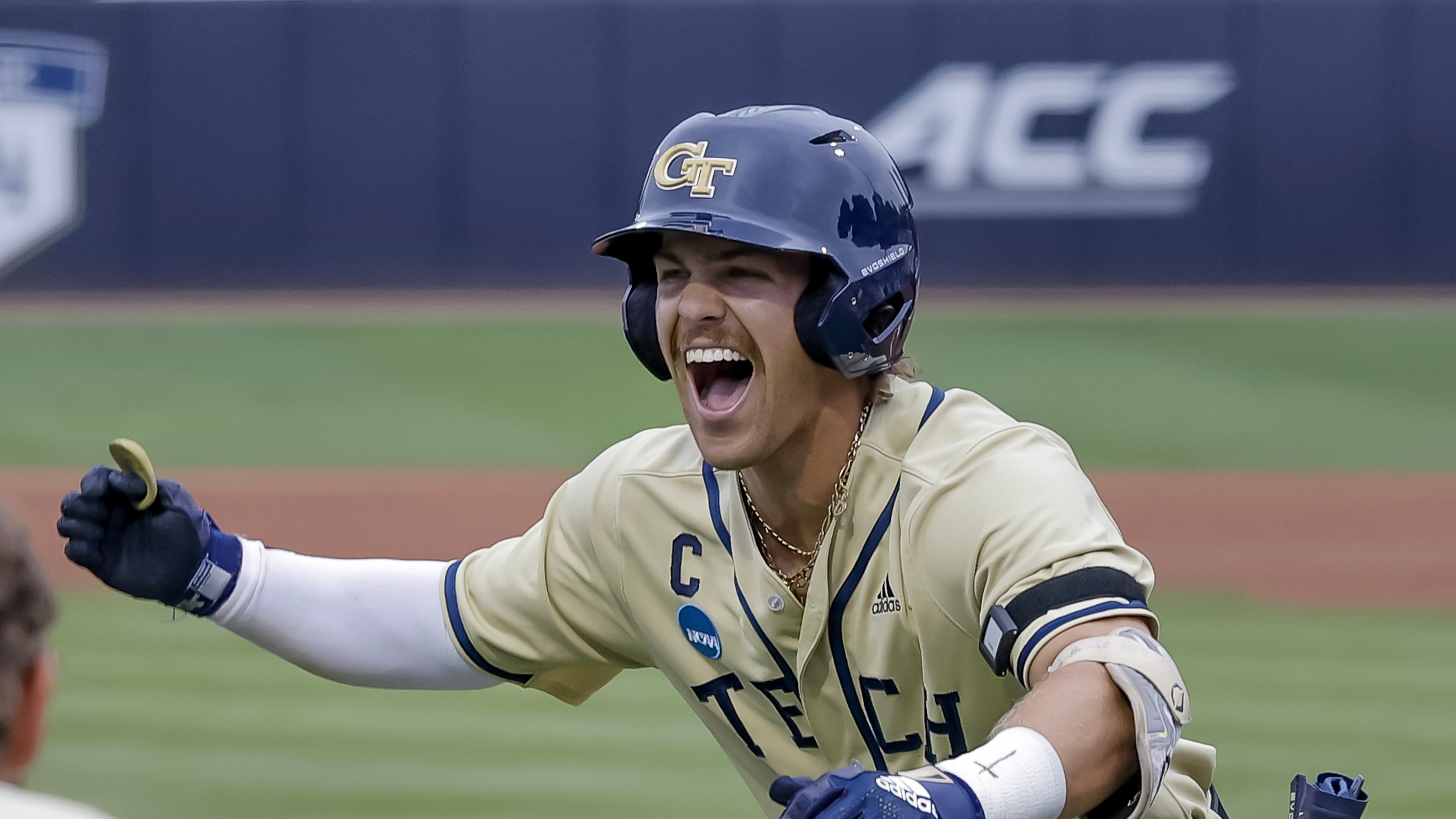 Georgia Tech's Drew Burress (right) celebrates after hitting a two-run home run against Oklahoma during the first inning the NCAA D1 Atlanta Regional elimination baseball game at Russ Chandler Stadium, Sunday, May 31, 2026, in Atlanta. (Erik S. Lesser for the AJC)