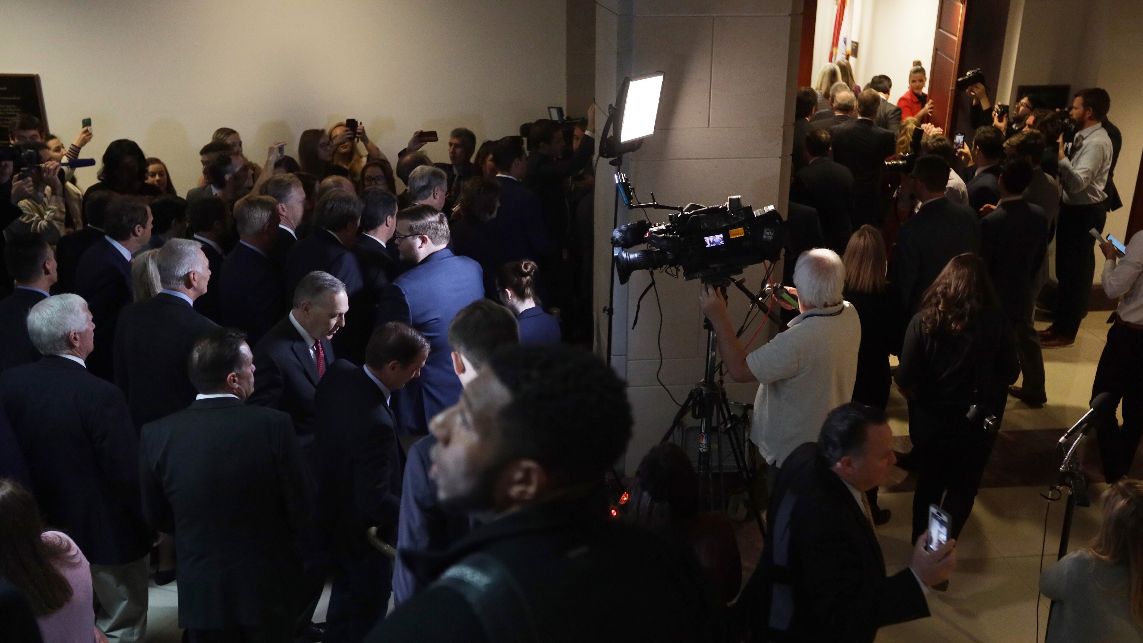 About two dozen House Republicans enter a sensitive compartmented information facility (SCIF) in the U.S. Capitol on Oct. 23, 2019 . (Photo by Alex Wong/Getty Images)