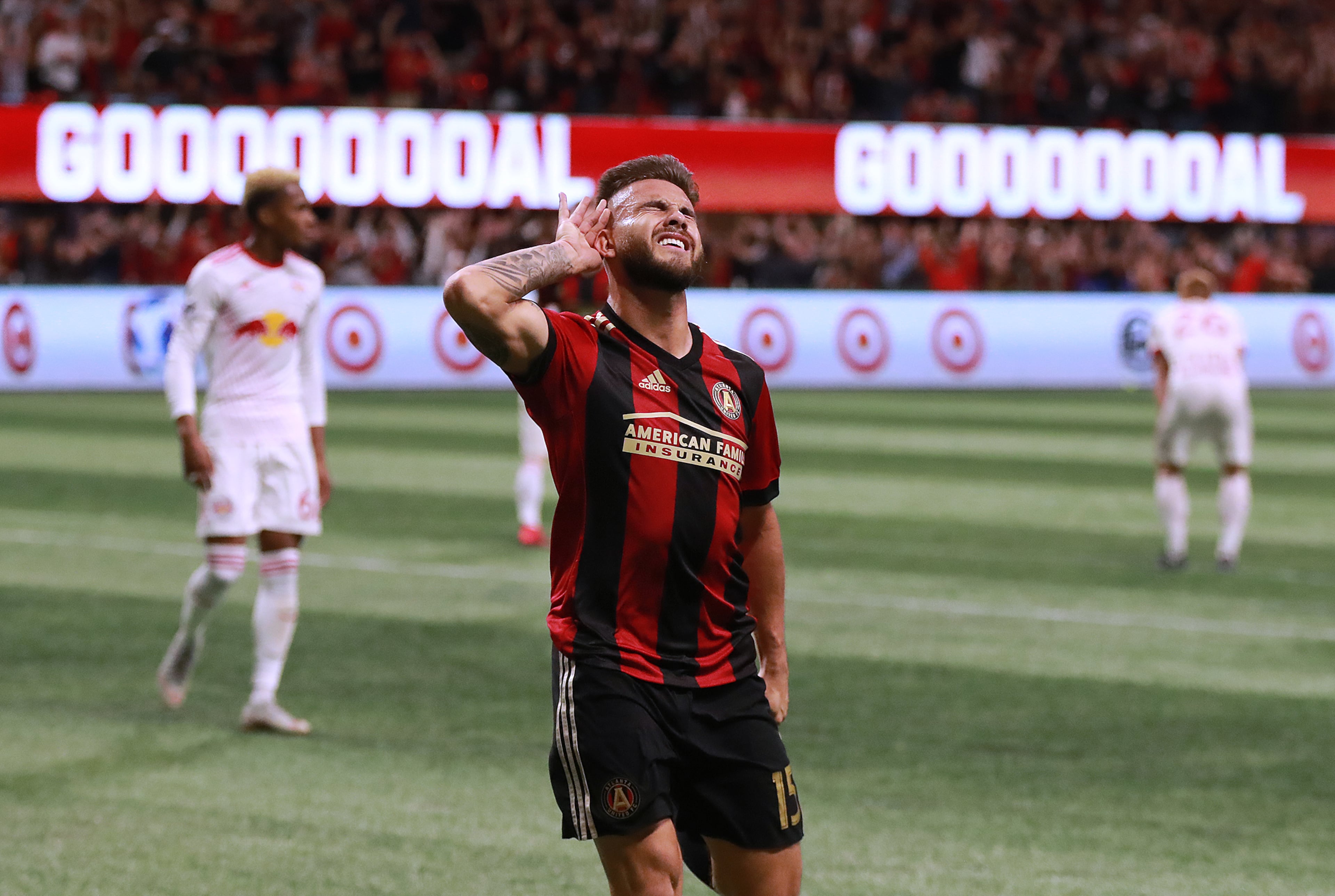 Atlanta United midfielder Hector Villalba reacts wanting more noise from the fans after his goal. (Curtis Compton/ccompton@ajc.com).