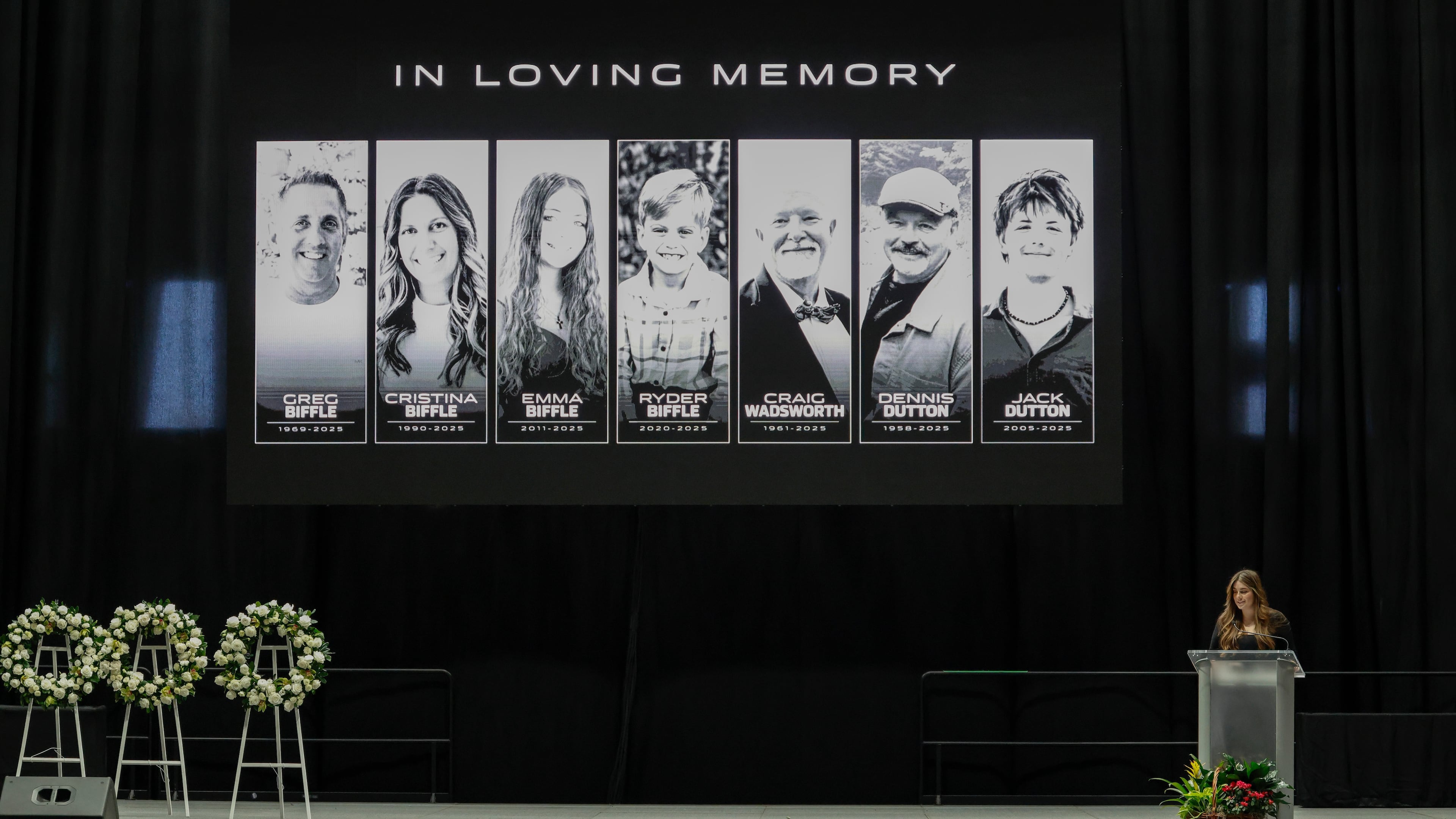 FILE - Jordyn Biffle, sister of Greg Biffle, speaks at the memorial service for Biffle and his family in Charlotte, N.C., Jan. 16, 2026. (AP Photo/Nell Redmond, File)