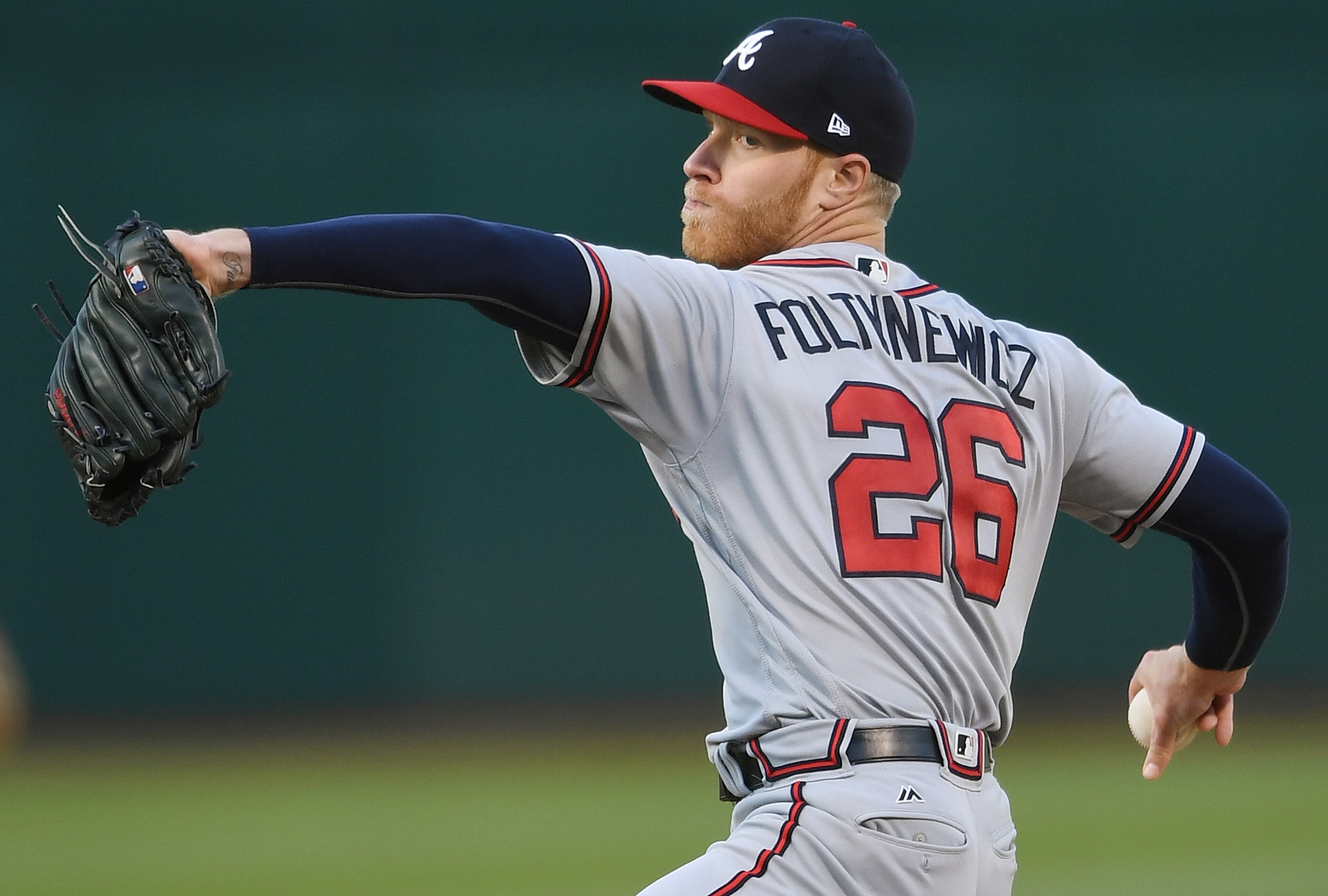 OAKLAND, CA - JUNE 30: Mike Foltynewicz #26 of the Atlanta Braves pitches against the Oakland Athletics in the bottom of the first inning at Oakland Alameda Coliseum on June 30, 2017 in Oakland, California. (Photo by Thearon W. Henderson/Getty Images)