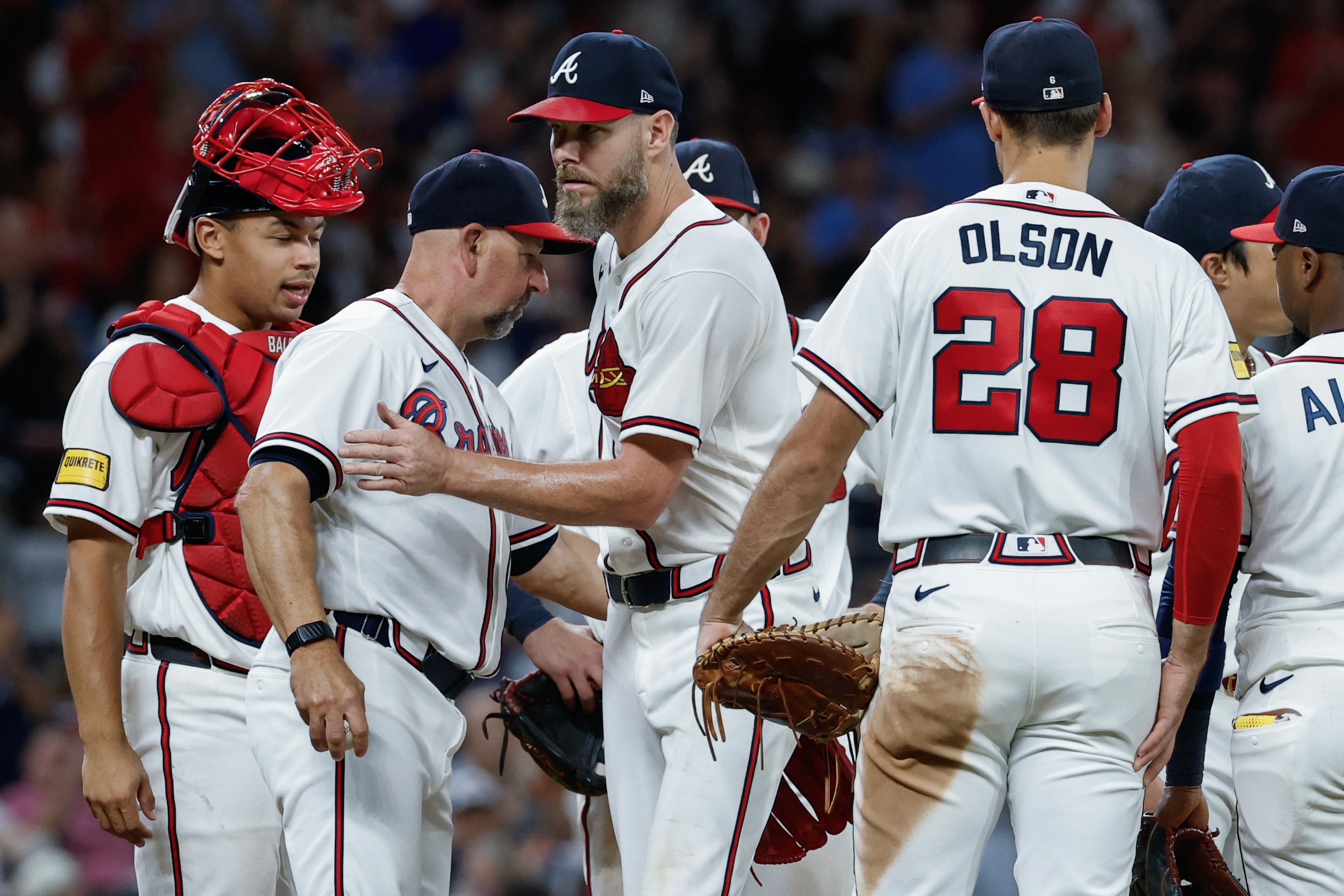 Chris Sale (center) leaves Wednesday’s game after striking out his 200th batter of the season. (Erik S. Lesser/AP)