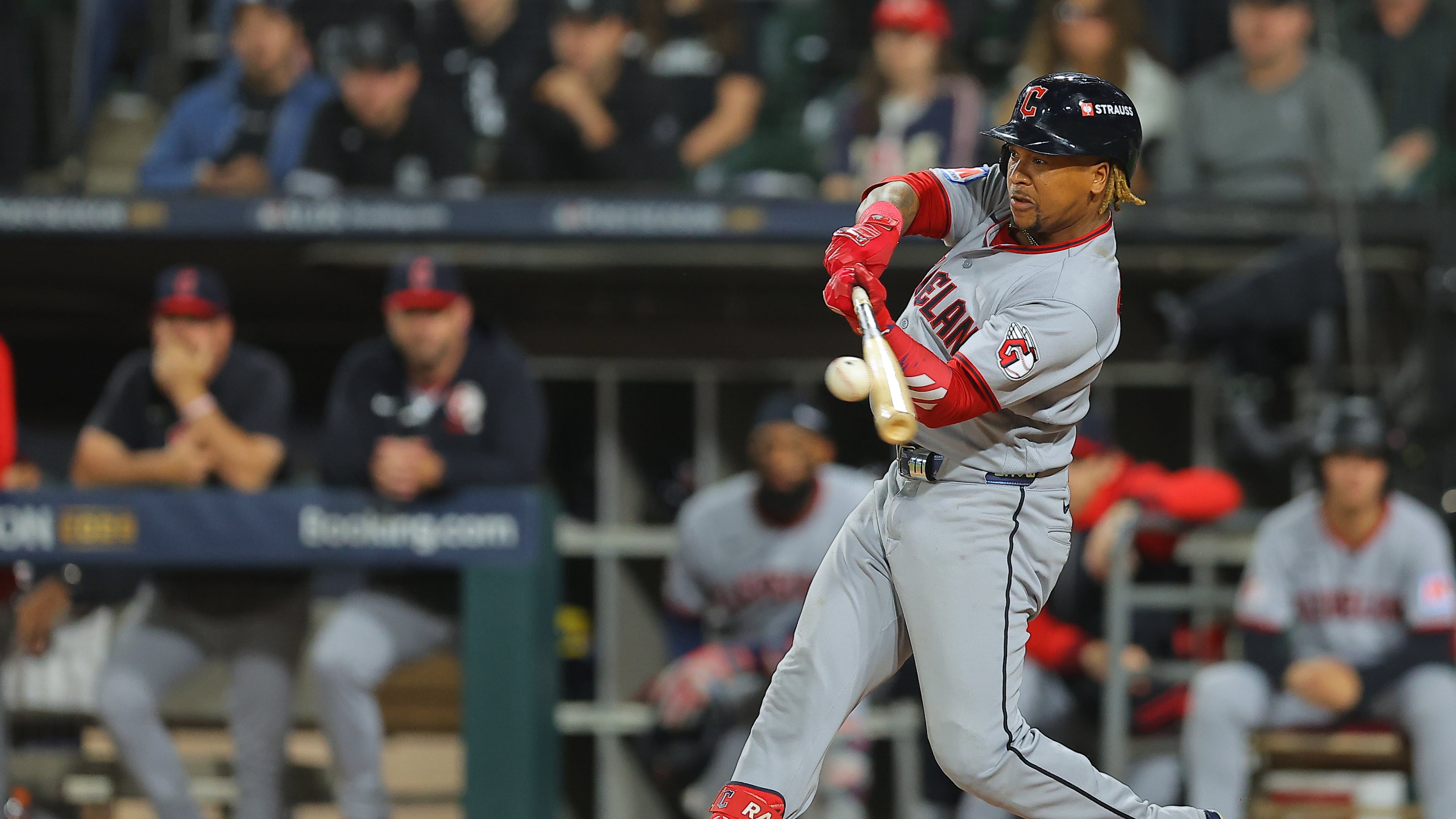 Cleveland Guardians' Jose Ramirez hits a 2-run home run during the fifth inning in Game 4 of baseball's American League Division Series against the Chicago White Sox, Thursday, Oct. 8, 2026, in Chicago. (AP Photo/Melissa Tamez)