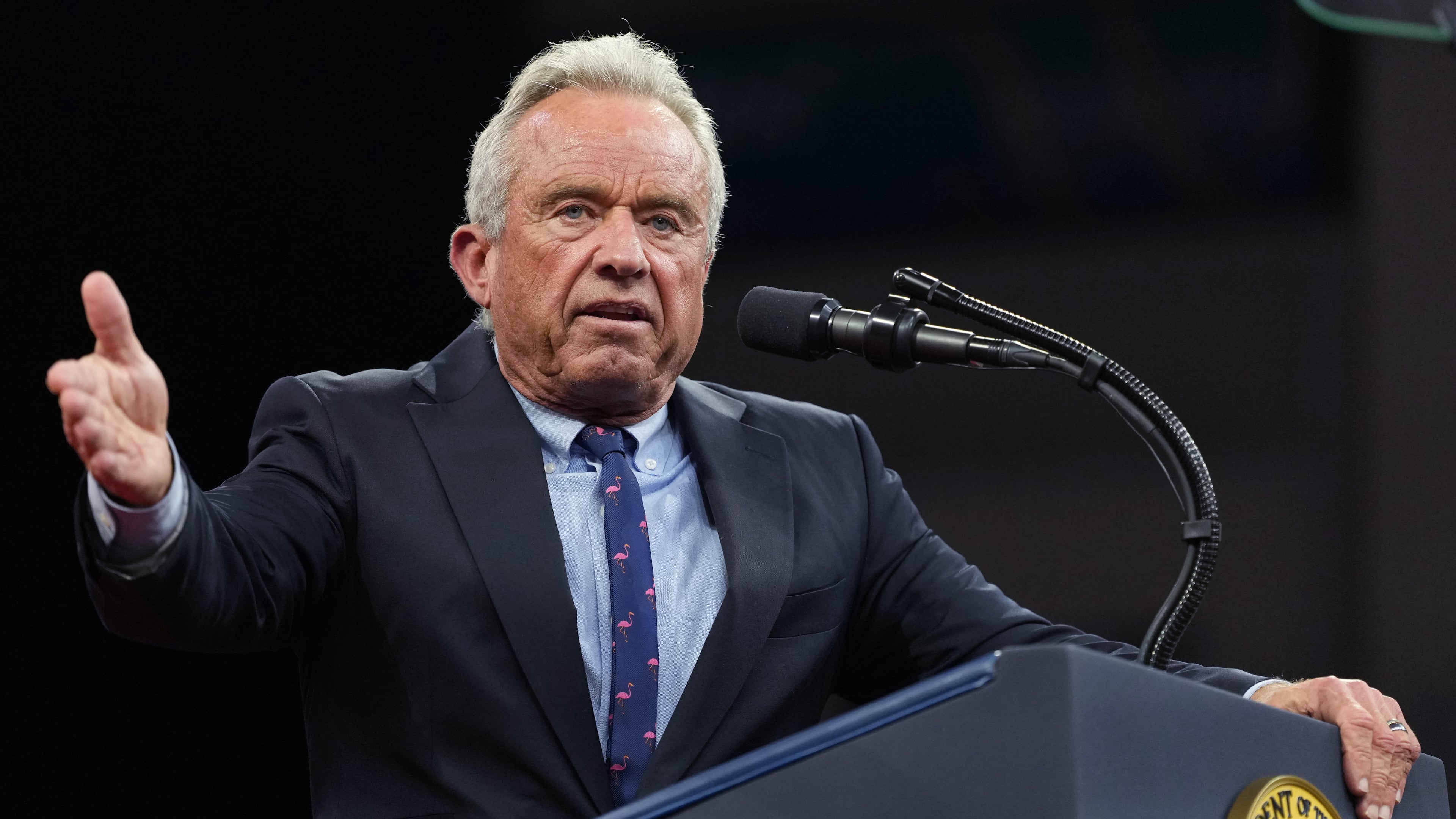 Health and Human Services Secretary Robert F. Kennedy Jr. speaks at a campaign rally with President Donald Trump at Alico Arena on the campus of Florida Gulf Coast University, Friday, Oct. 23, 2026, in Fort Myers, Fla. (AP Photo/Mark Schiefelbein)