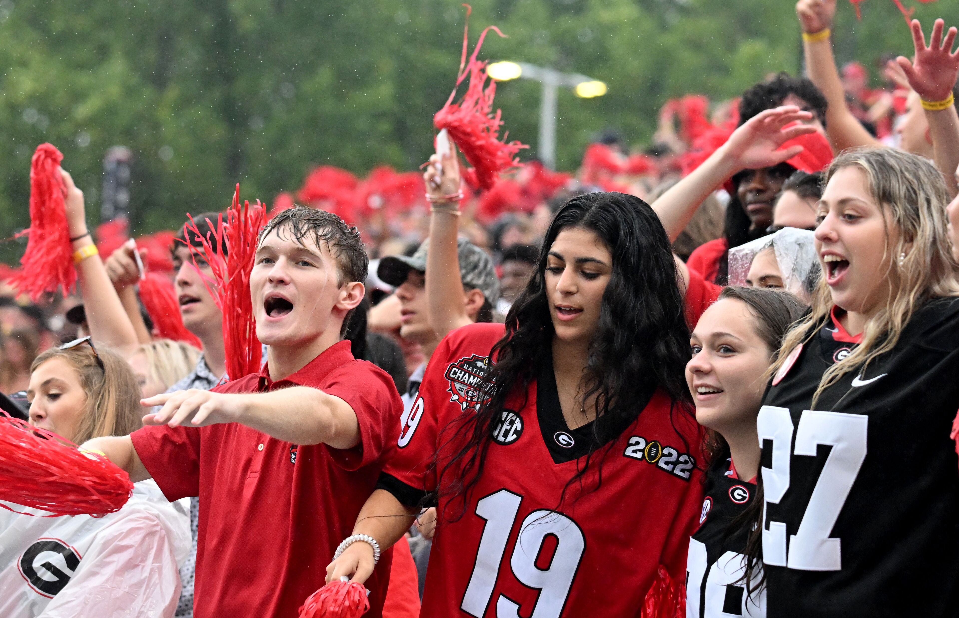 Georgia fans cheer during the second half in an NCAA football game at Sanford Stadium, Saturday, September 16, 2023, in Athens. Georgia won 24 - 14 over South Carolina. (Hyosub Shin / Hyosub.Shin@ajc.com)