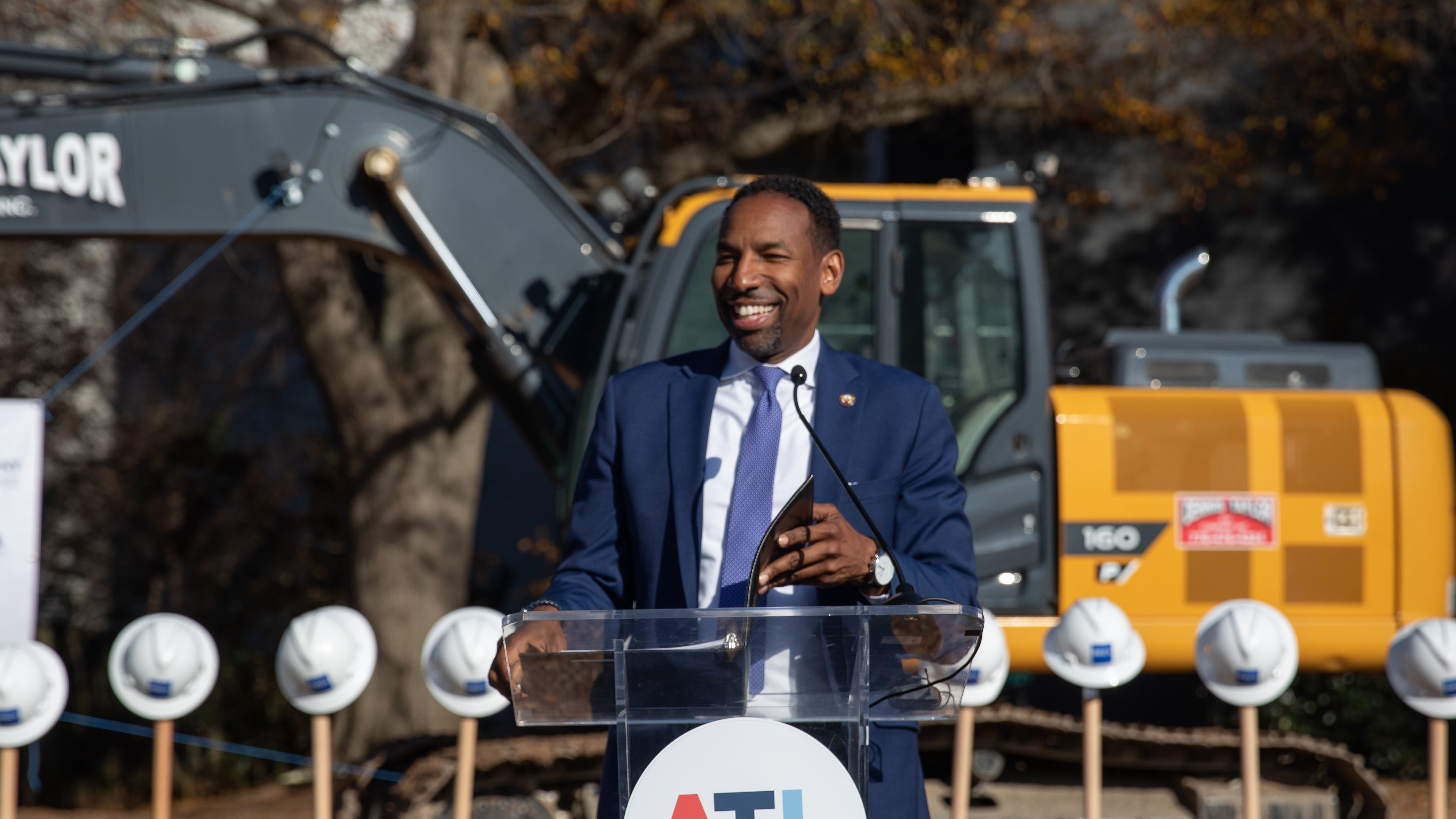 Atlanta Mayor Andre Dickens gives remarks during the groundbreaking of the Waterworks Development, a rapid housing project in west midtown, on Dec. 19, 2024. (Riley Bunch/AJC)