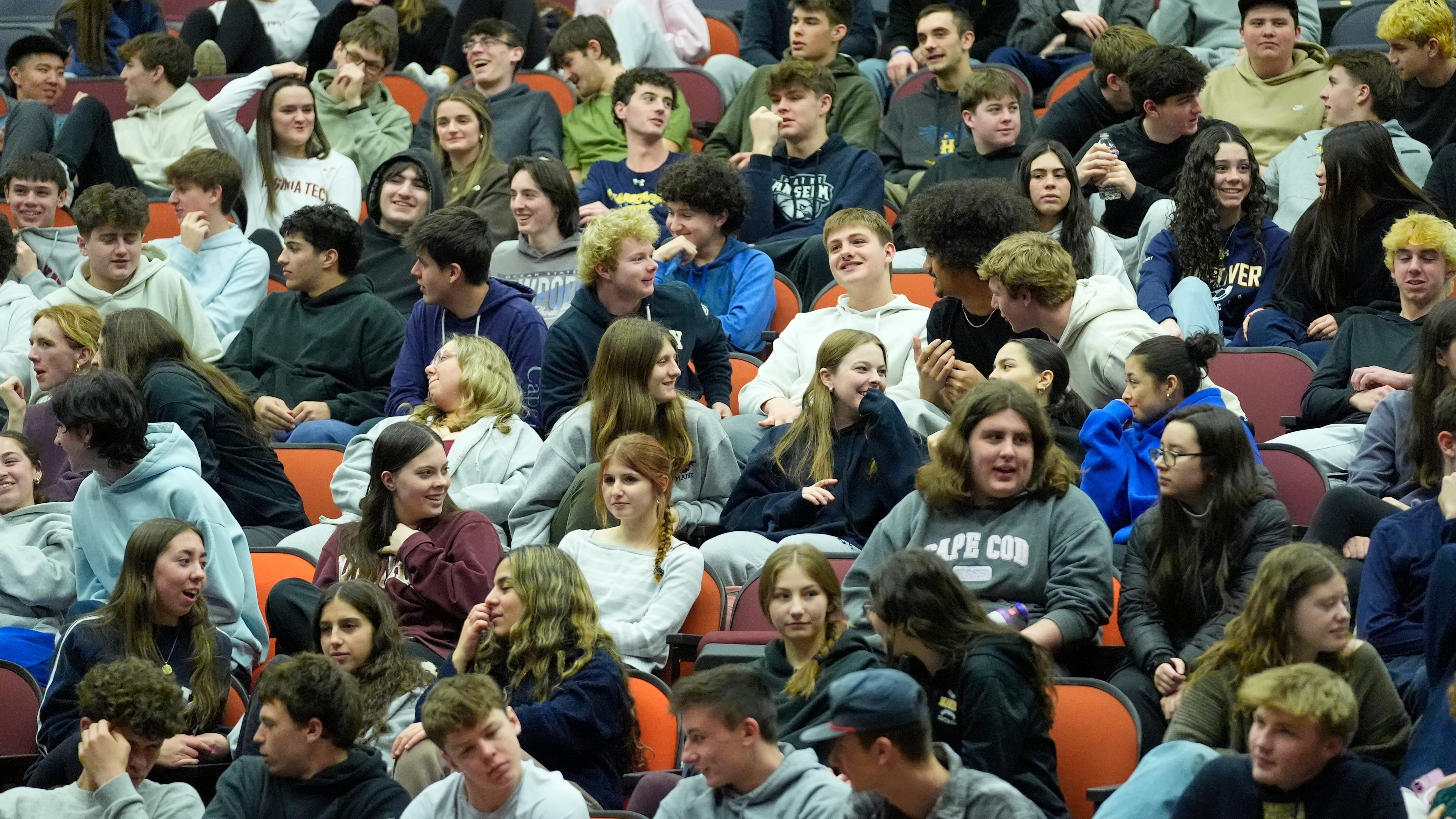 Students discuss ways to prevent school shootings during a presentation of Sandy Hook Promise's "Say Something" program at Hanover High School, Wednesday, March 25, 2026, in Hanover, Mass. (AP Photo/Robert F. Bukaty)