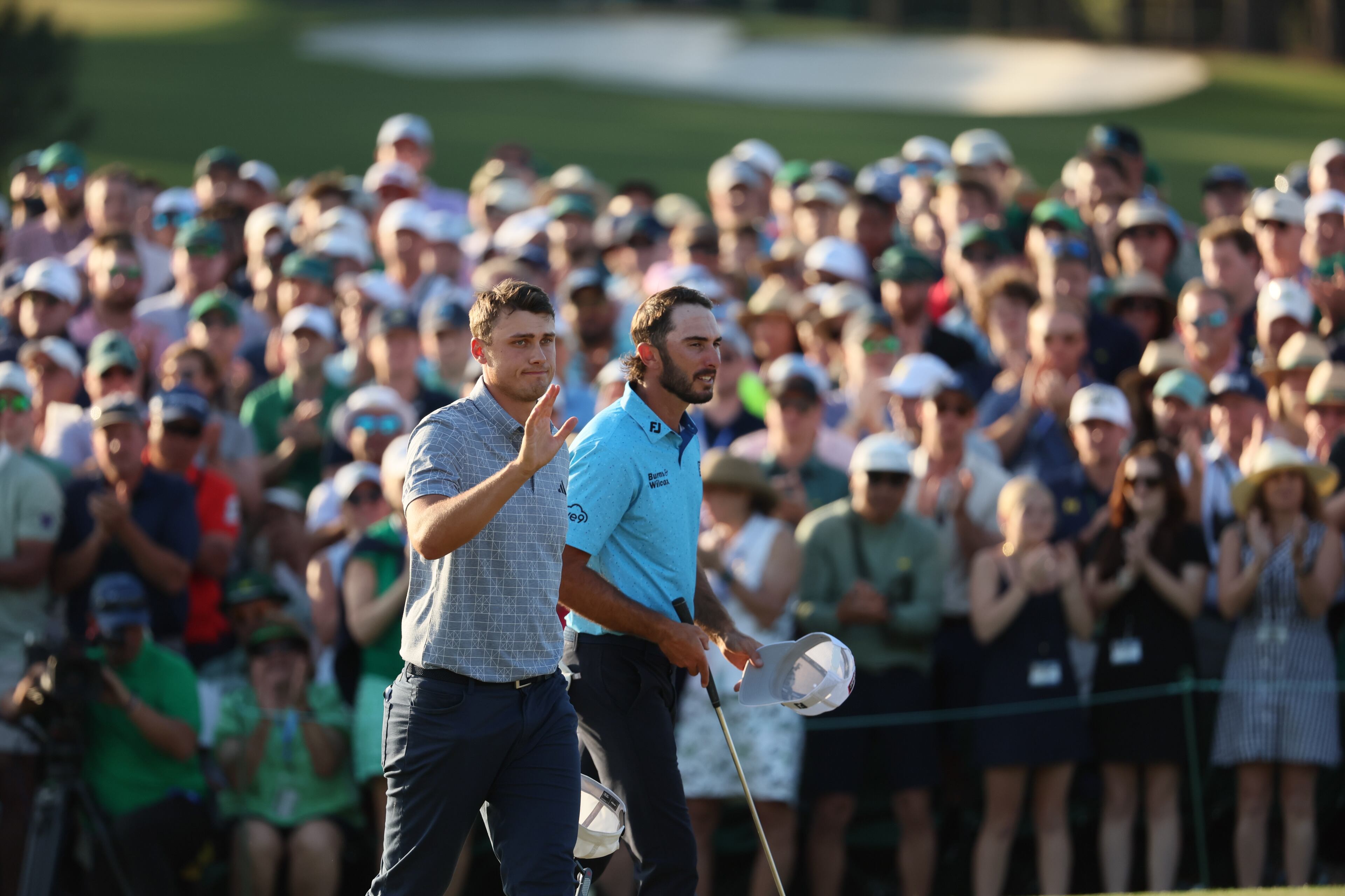 Ludvig Aberg, left and Max Homa finish their final round of the 2024 Masters Tournament at Augusta National Golf Club, Sunday, April 14, 2024, in Augusta, Ga. Jason Getz / Jason.Getz@ajc.com)