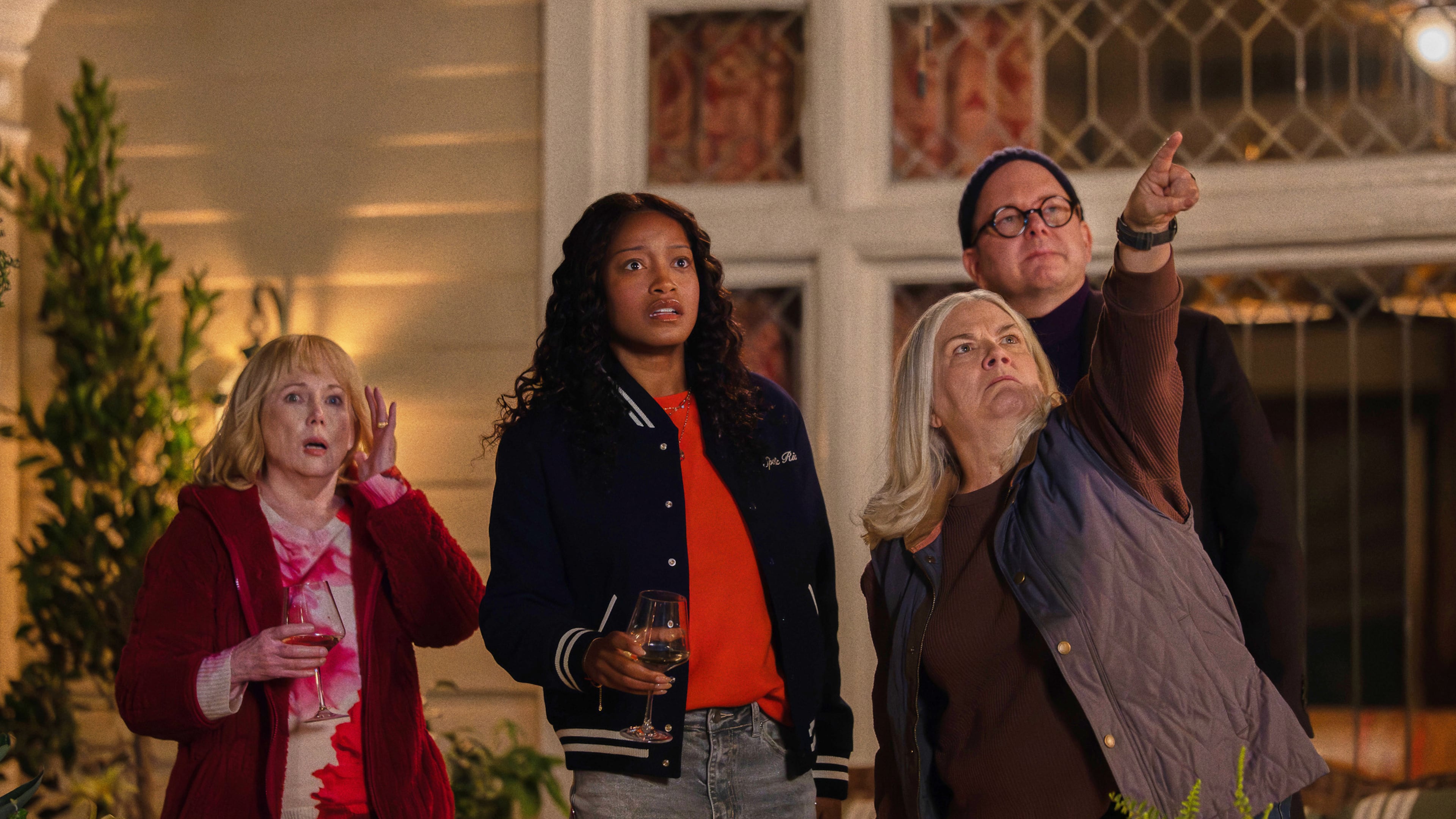 This image released by Peacock shows Julia Duffy, from left, Keke Palmer, Paula Pell and Mark Proksch in a scene from "The Burbs." (Elizabeth Morris/Peacock via AP)