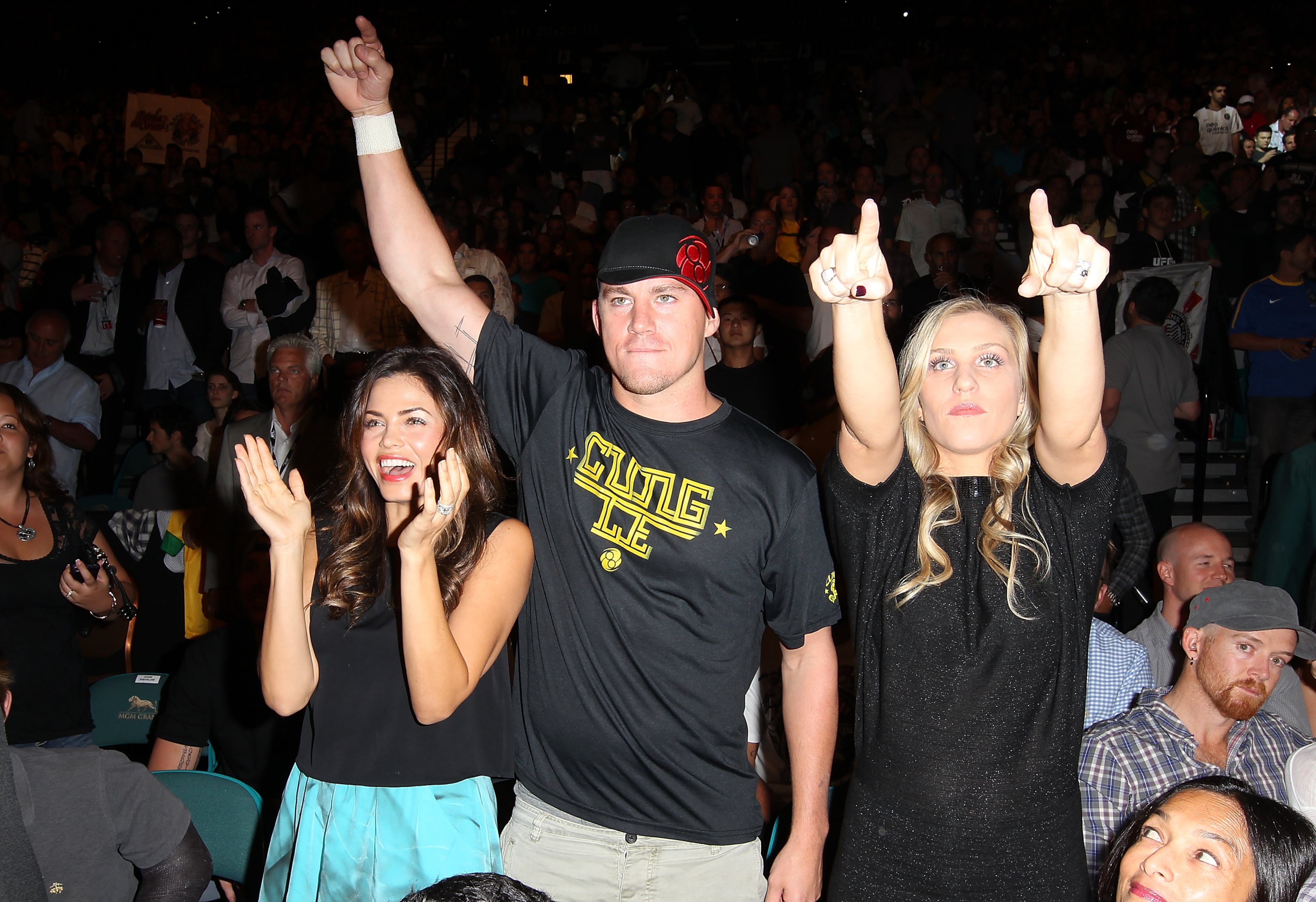 LAS VEGAS, NV - JULY 7: Channing Tatum (center) in attendance during UFC 148 inside MGM Grand Garden Arena on July 7, 2012 in Las Vegas, Nevada. (Photo by Jeff Bottari/Zuffa LLC via Getty Images)