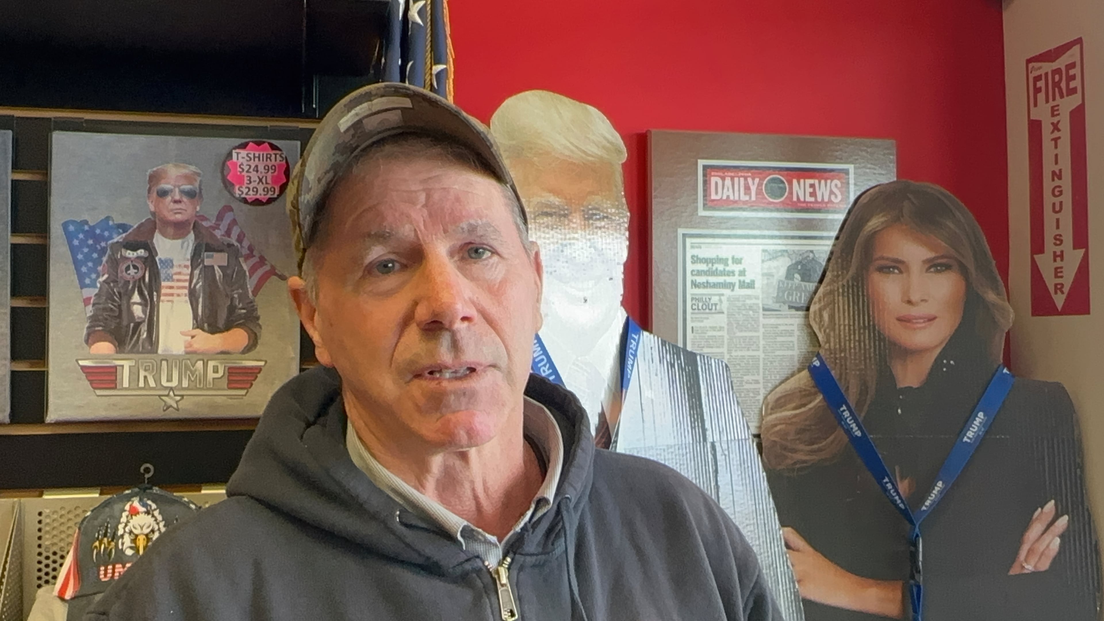Paul Bonner, 67, talks at the Trump Store in Bensalem Pa., Monday, Jan. 5, 2026, looking for a Trump 2028 sign. Speaking about the U.S. raid that captured Venezuela's president. Bonner said he supports Trump "so far." (AP Photo/ Mike Catalini)