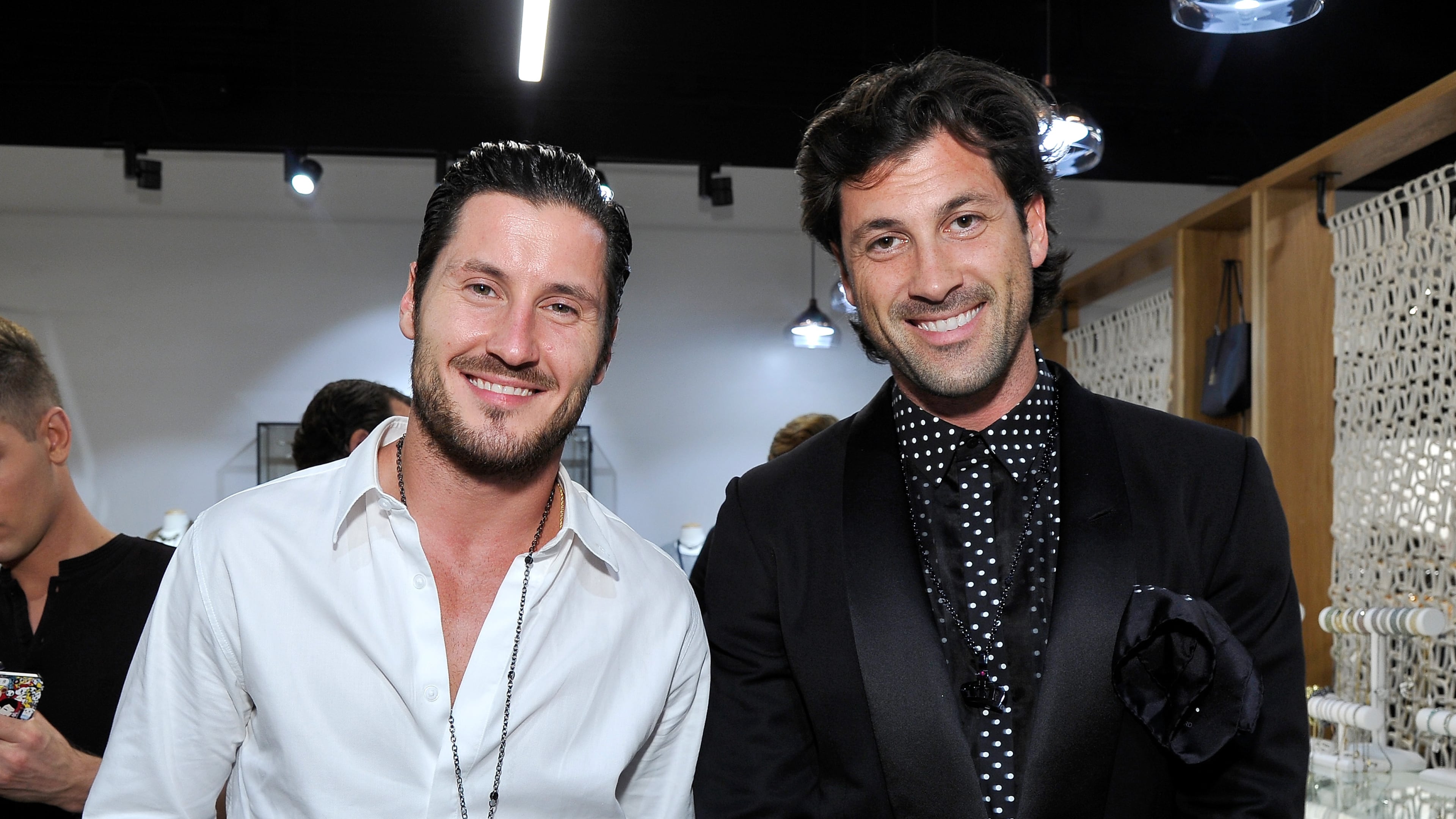 WESTLAKE VILLAGE, CA - OCTOBER 08: (L-R) Val Chmerkovskiy and Maksim Chmerkovskiy attend the launch of Cantamessa Man with Maksim Chmerkovskiy at the Closet by Sharon Segal and Nina Segal at The Promenade at Westlake on October 8, 2015 in Westlake Village, California. (Photo by John Sciulli/Getty Images for Caruso Affiliated)