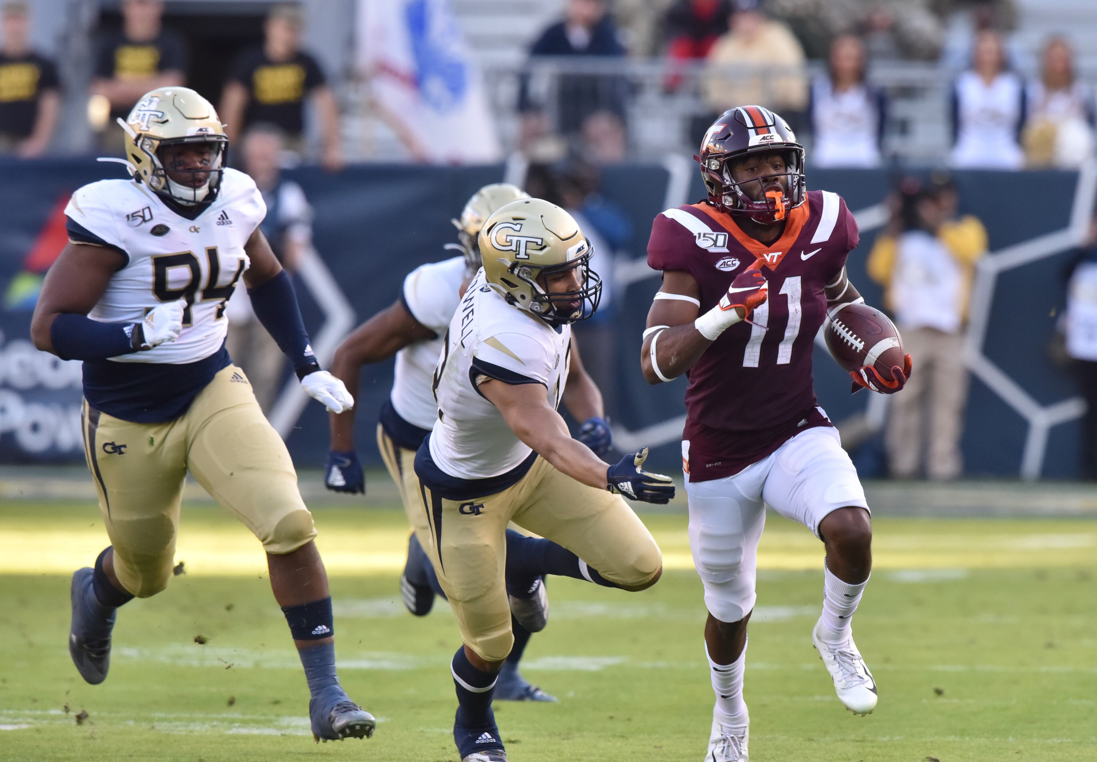 Virginia Tech wide receiver Tre Turner (11) runs with the ball during the first half of an NCAA college football game at Bobby Dodd Stadium on Saturday, November 16, 2019. (Hyosub Shin / Hyosub.Shin@ajc.com)