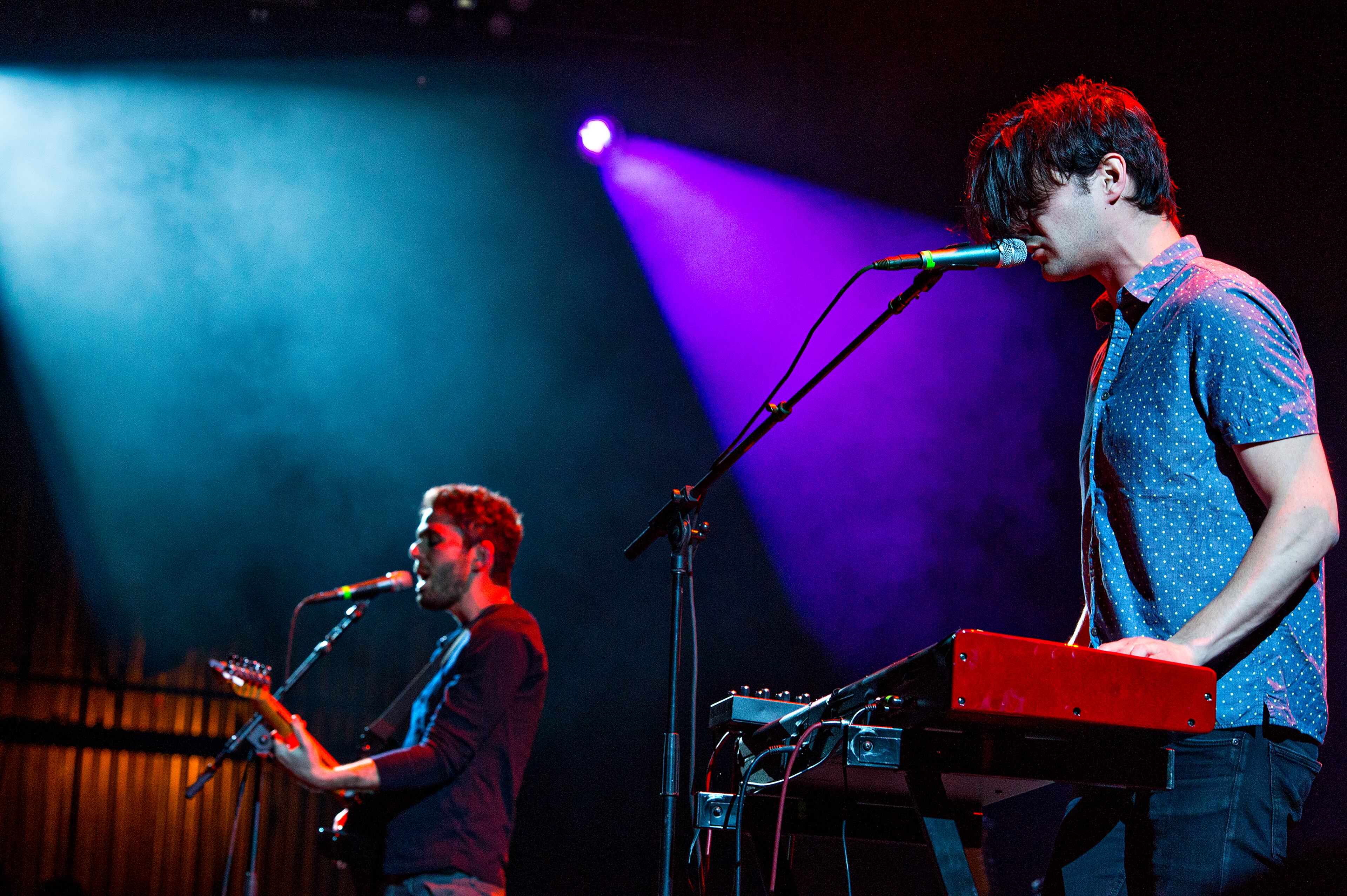 The Antlers' Darby Cicci (right) and Peter Silberman perform at the Fox Theatre in Atlanta on Monday, April 27, 2015. The Antlers opened for Death Cab for Cutie. JONATHAN PHILLIPS / SPECIAL