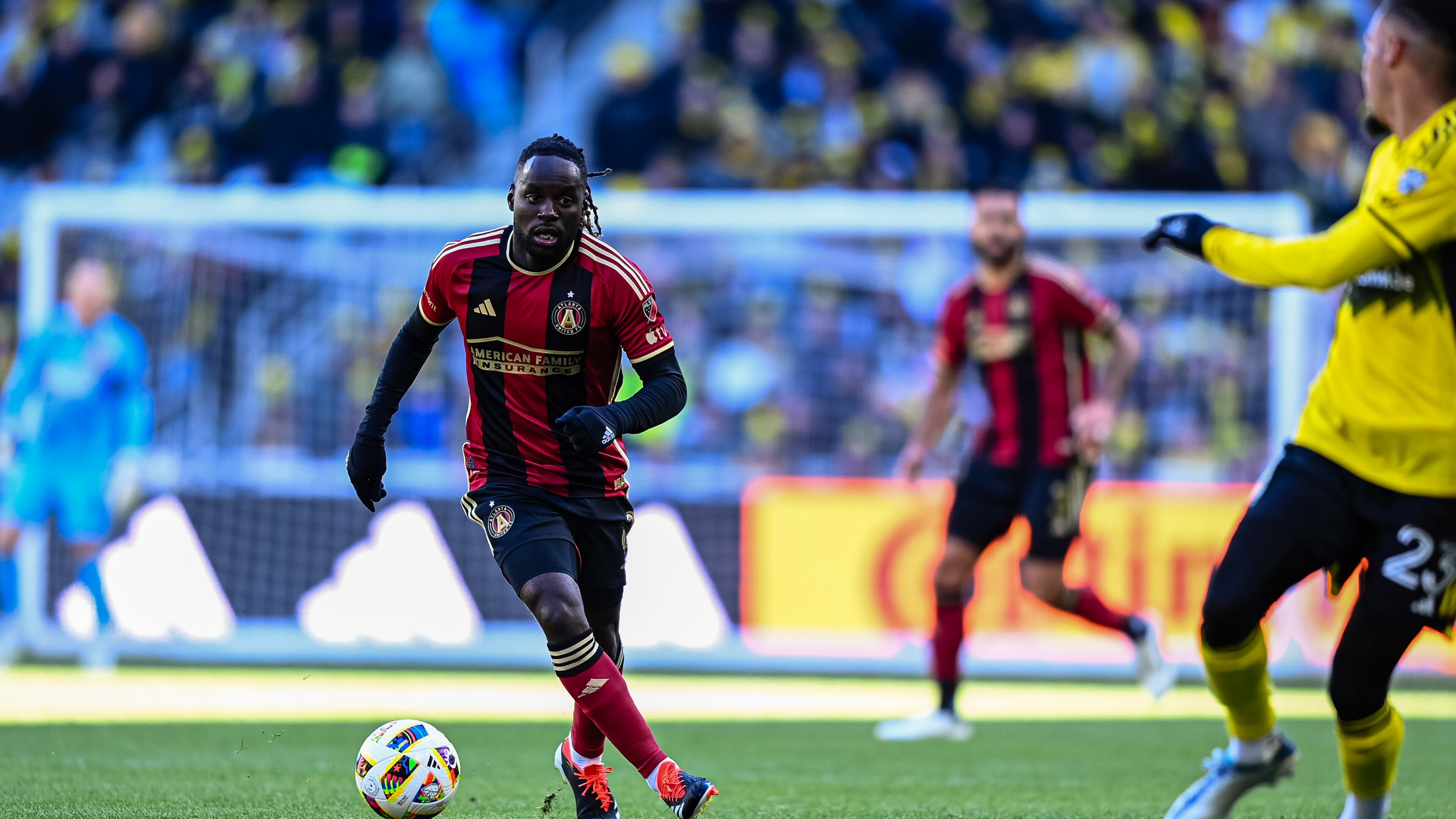 Atlanta United midfielder Tristan Muyumba #8 dribbles the ball during the match against Columbus Crew at Lower.com Field in Columbus, OH on Saturday February 24, 2024. (Photo by Mitch Martin/Atlanta United)