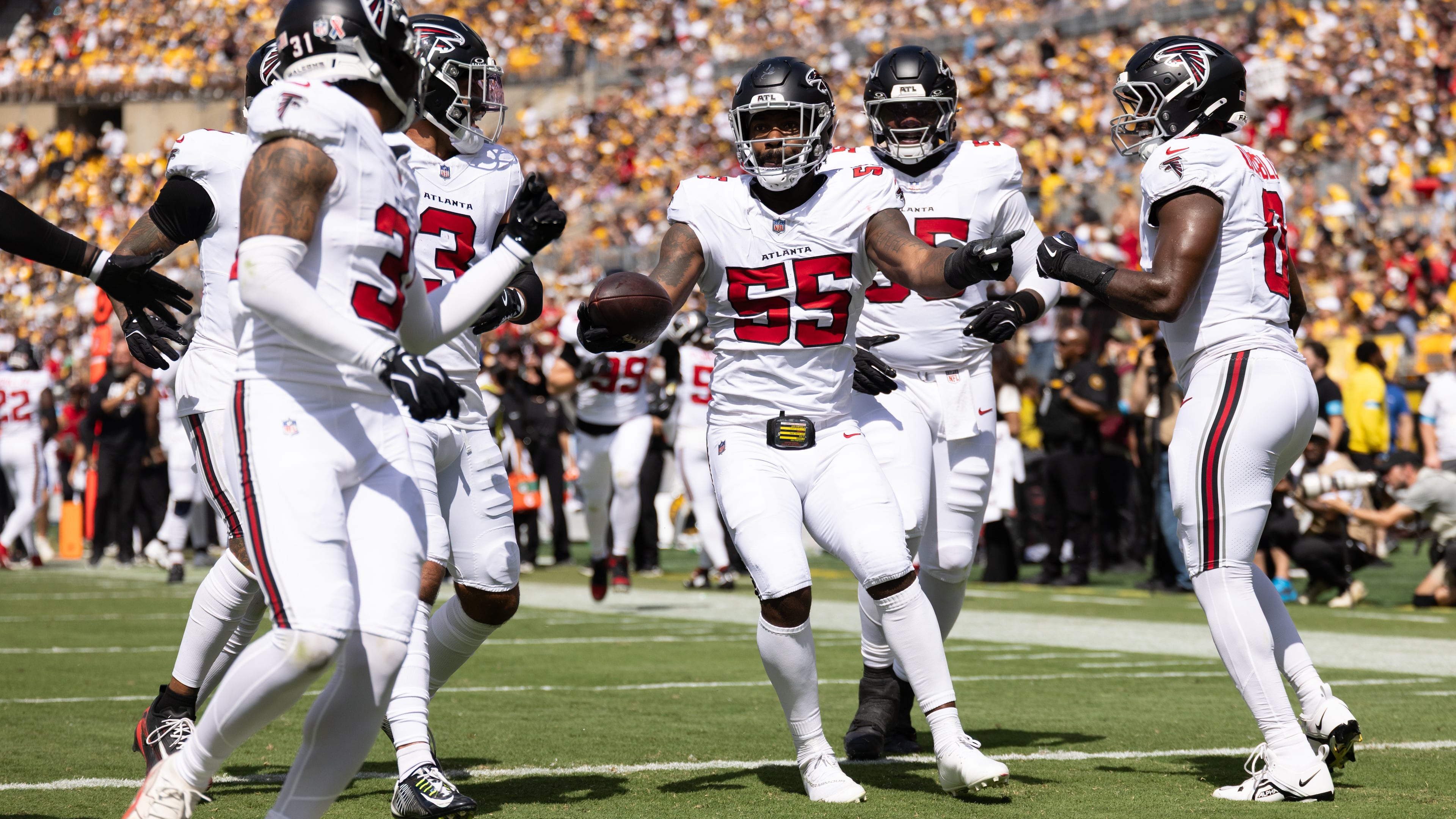 Members of the Atlanta Falcons celebrate a turnover during their game against the Steelers on Sunday, Sept. 13, 2026, in Pittsburgh. Coach Kevin Stefanski acknowledged postgame the team was still “figuring out roles” for a lot of its new players. (Matt Durisko/AP)