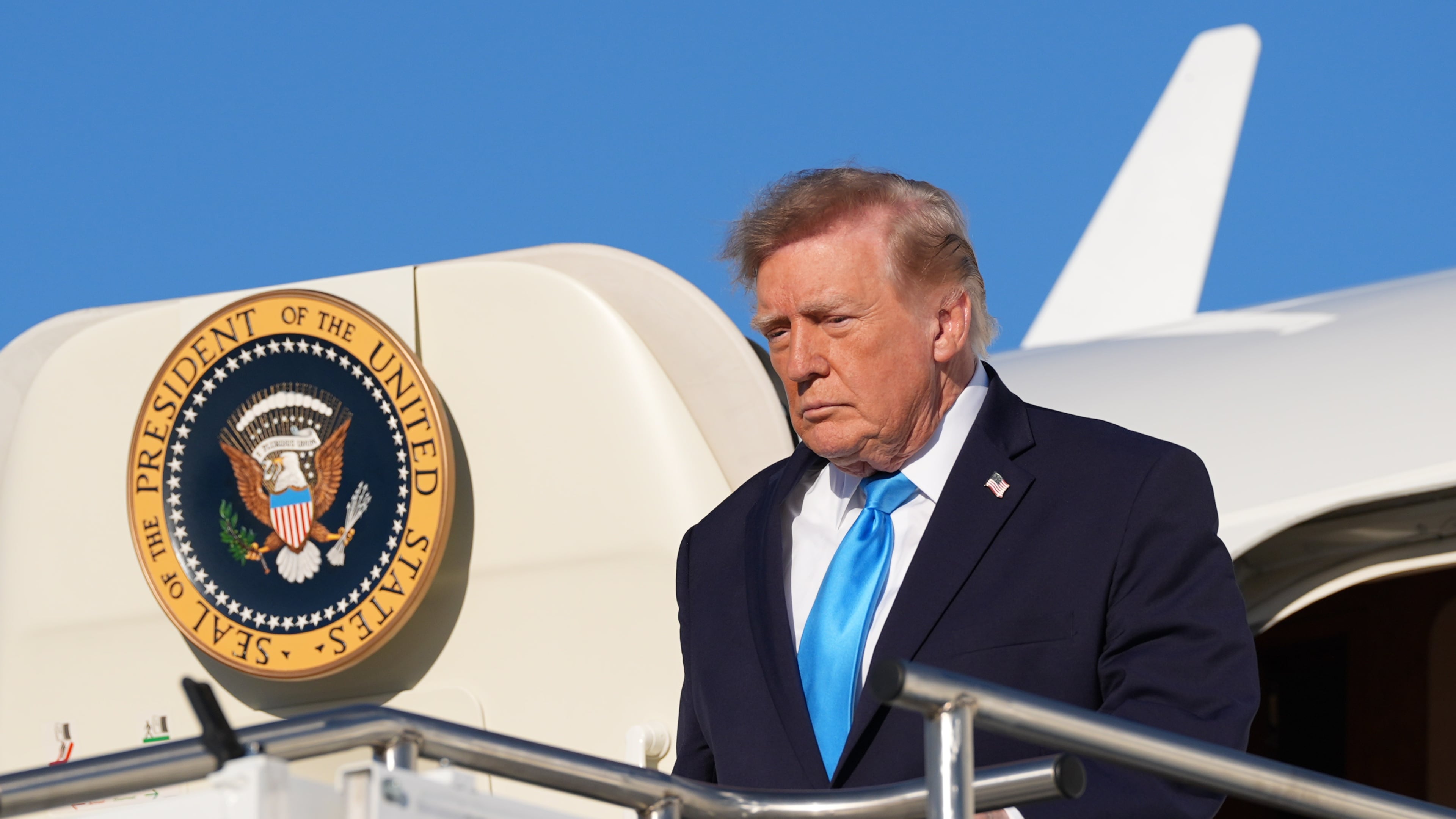 President Donald Trump arrives on Air Force One at Central Nebraska Regional Airport, Monday, Oct. 5, 2026, in Grand Island, Neb. (AP Photo/Alex Brandon)