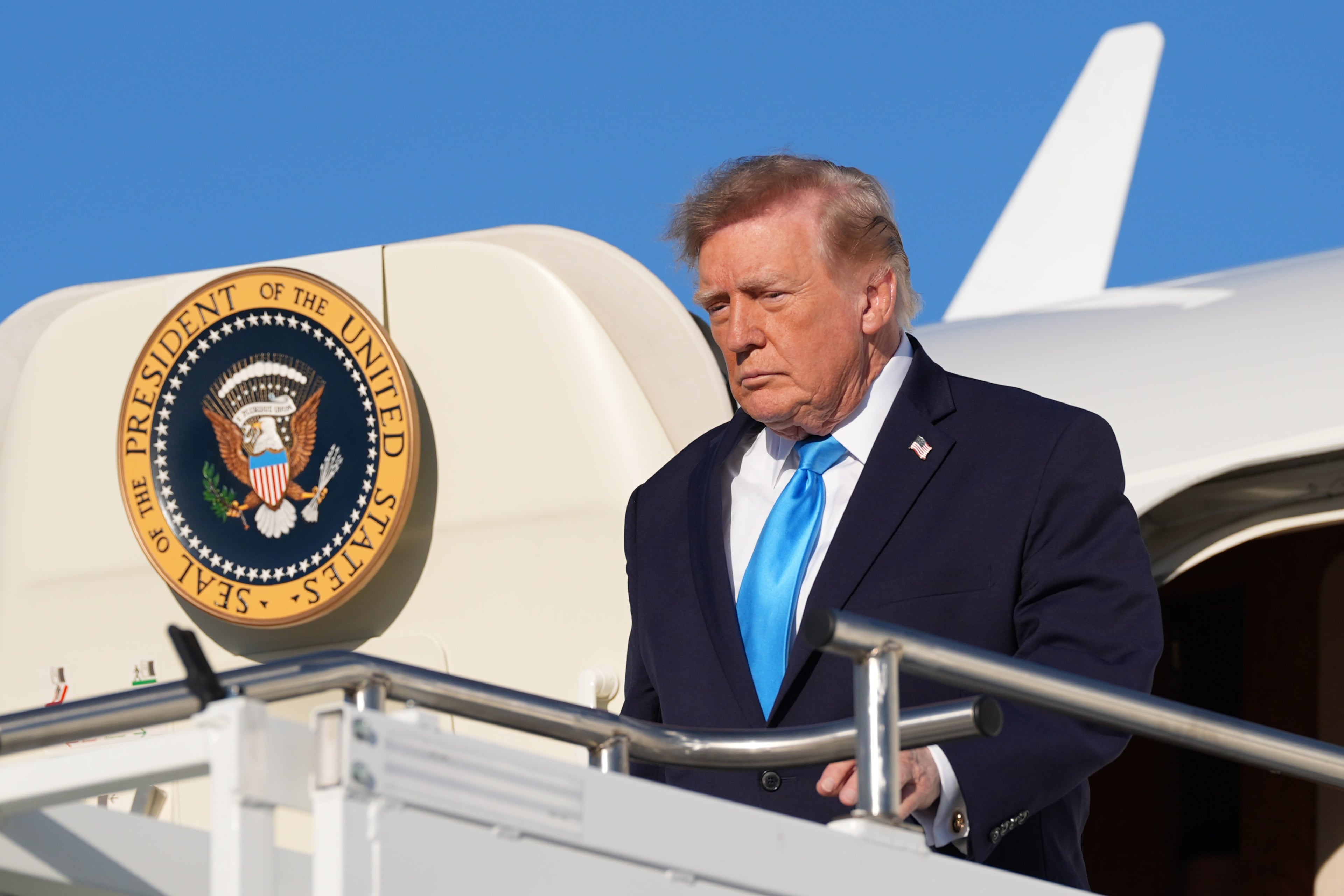 President Donald Trump arrives on Air Force One at Central Nebraska Regional Airport on Monday in Grand Island, Nebraska. (Alex Brandon/AP)