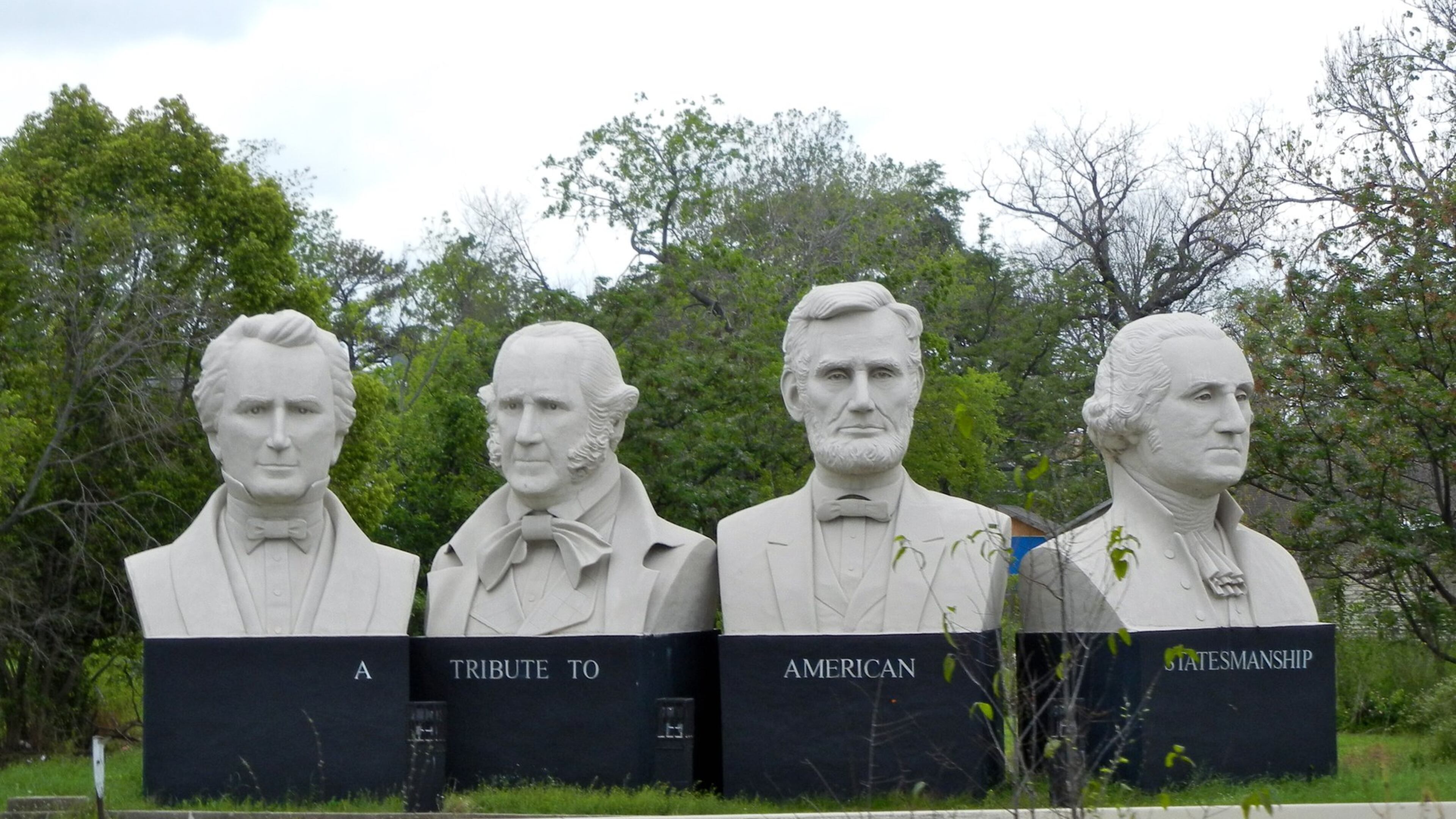 “Mount Rush Hour,” David Adickes’ sculpture amid the tangle of freeways in downtown Houston, includes Sam Houston, Steven F. Austin, Abraham Lincoln and George Washington. Helen Anders/For the American-Statesman