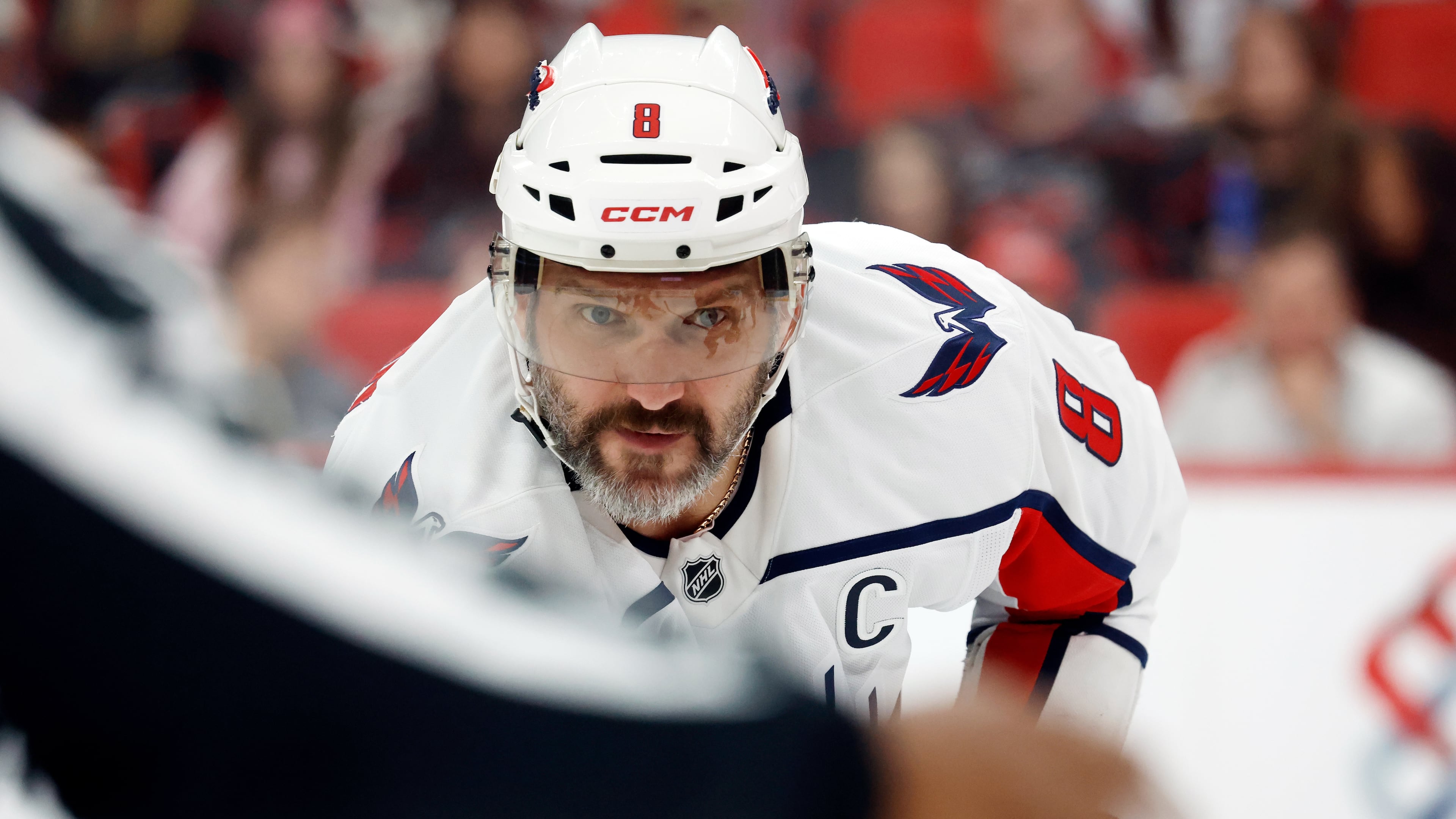 Washington Capitals' Alex Ovechkin watches the puck during the first period of an NHL hockey game against the Carolina Hurricanes in Raleigh, N.C., Friday, Oct. 2, 2026. (AP Photo/Karl DeBlaker)