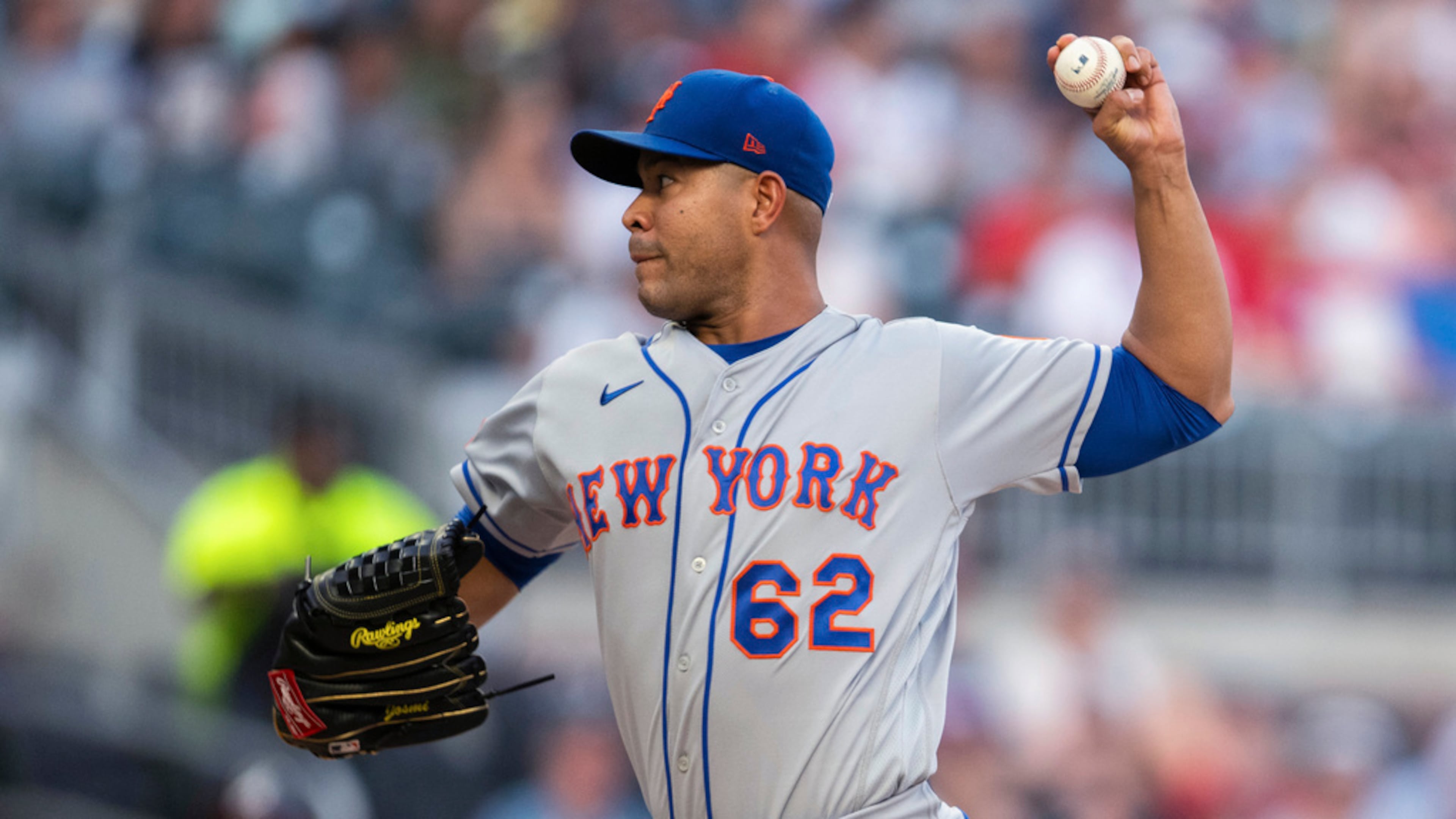New York Mets starting pitcher Jose Quintana throws to an Atlanta Braves batter during the first inning of a baseball game Wednesday, Aug. 23, 2023, in Atlanta. (AP Photo/Hakim Wright Sr.)