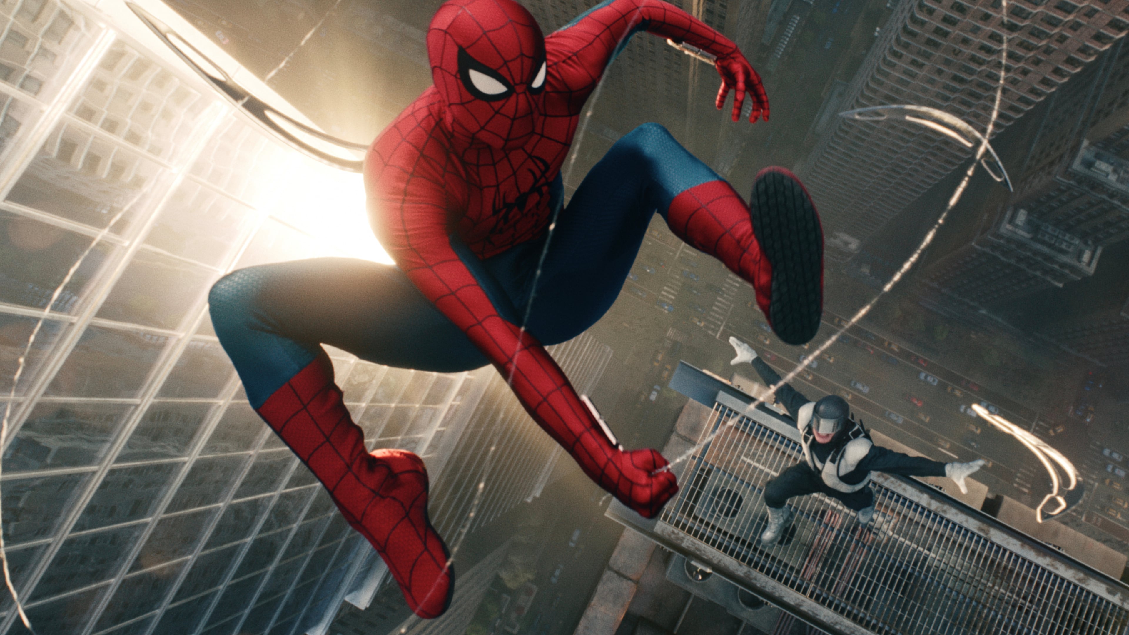 This image released by Sony Pictures shows Spider-Man and Boomerang in a scene from "Spider-Man: Brand New Day." (Sony Pictures via AP)