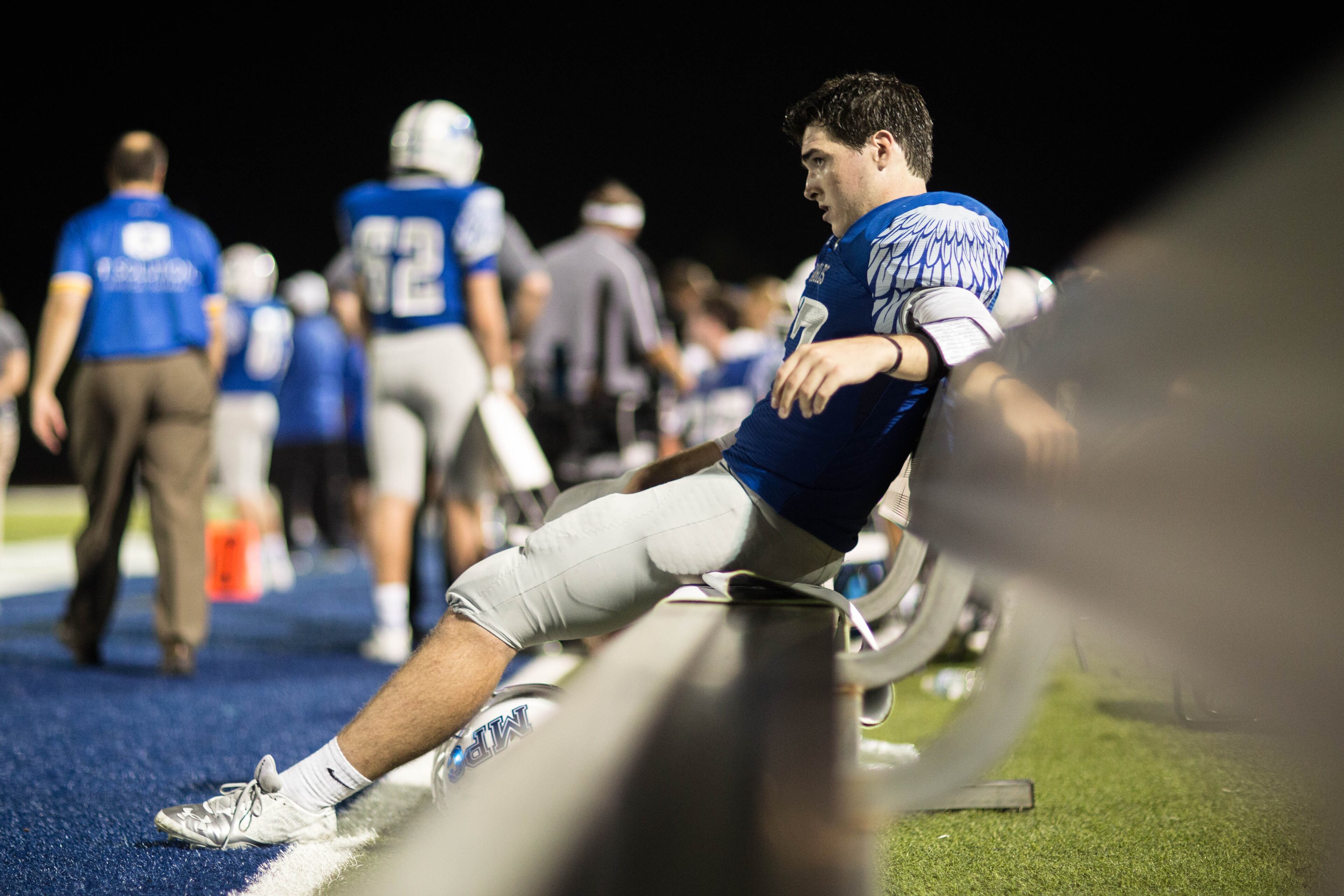 Mount Paran quarterback Matthew Norton (17) sits on the bench during the second half of a high school football game against Whitefield Academy, Friday, Aug. 28, 2015, in Kennesaw, Ga. Mount Paran Christian defeated Whitefield Academy 35-0. BRANDEN CAMP/SPECIAL