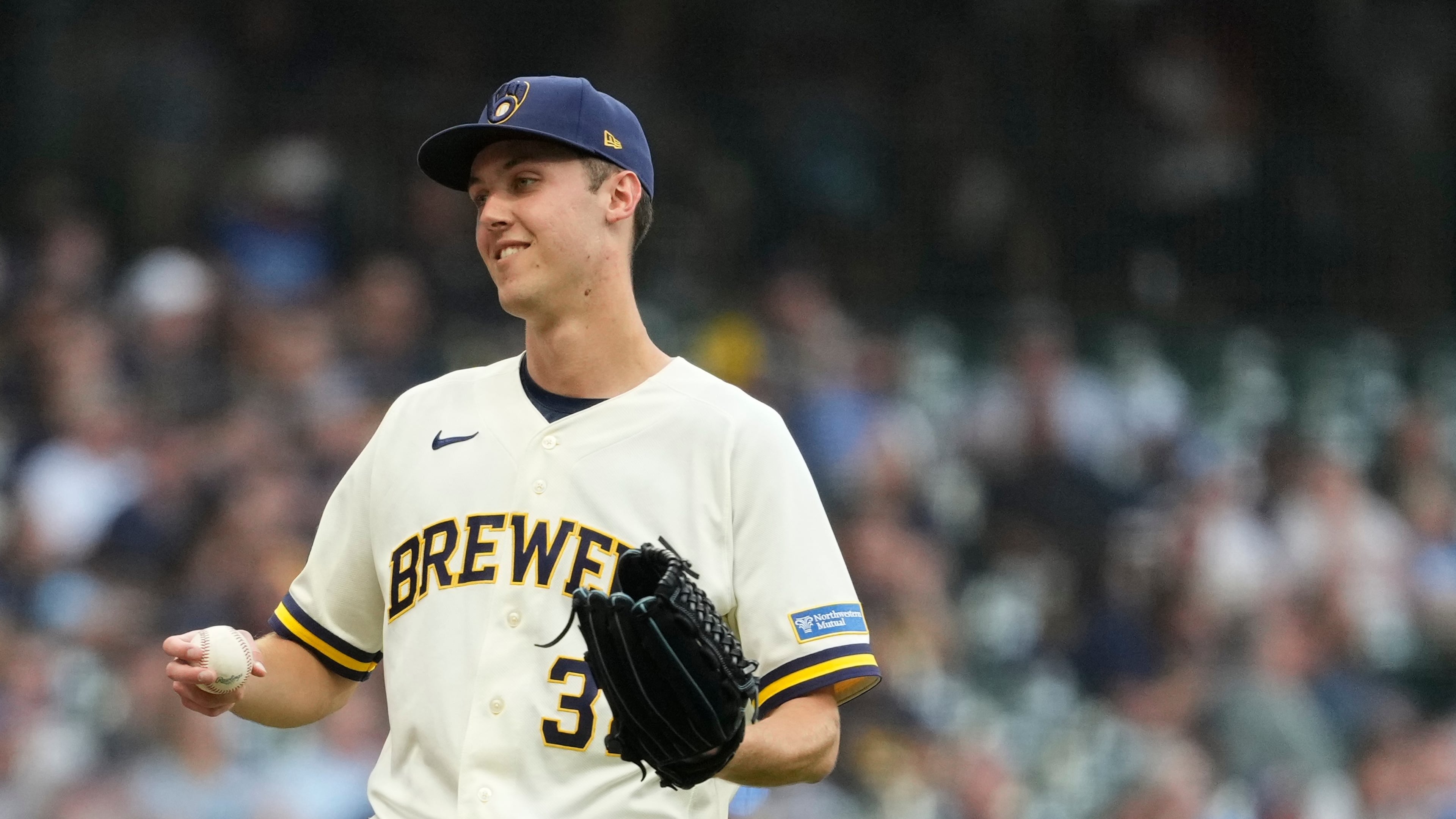Milwaukee Brewers' Jacob Misiorowski smiles during the fourth inning of a baseball game against the New York Mets, Monday, July 20, 2026, in Milwaukee. (AP Photo/Aaron Gash)