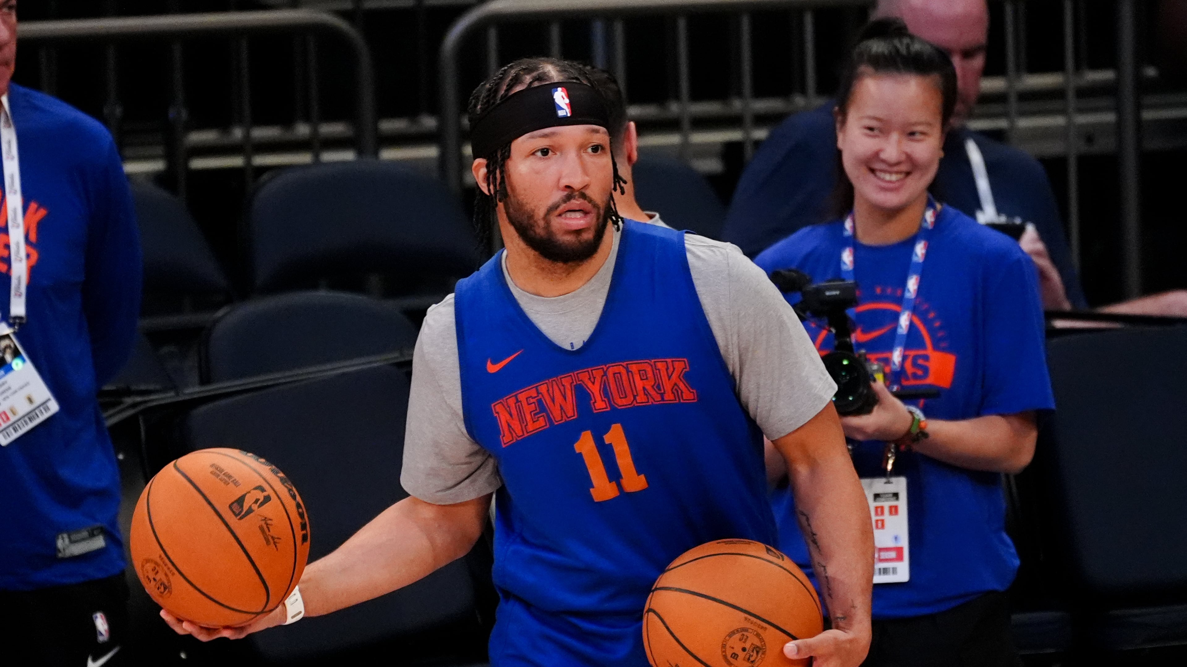 New York Knicks guard Jalen Brunson runs drills prior to Game 3 of the NBA Finals basketball series against the San Antonio Spurs, Sunday, June 7, 2026, in New York. (AP Photo/Ross D. Franklin)