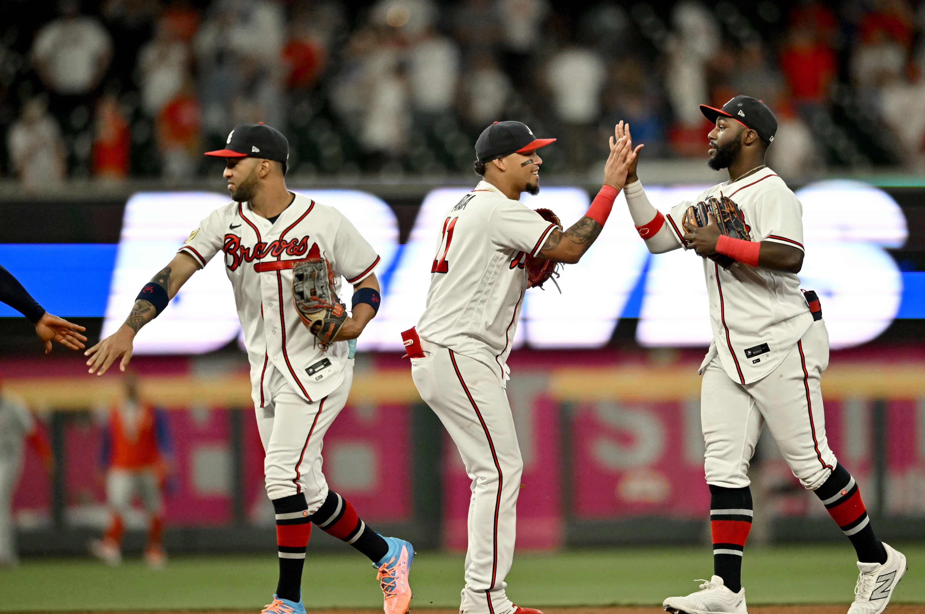 Atlanta Braves players celebrate their win over Philadelphia Phillies at Truist Park, Tuesday, September 19, 2023, in Atlanta. Atlanta Braves won 9-3 over Philadelphia Phillies. (Hyosub Shin / Hyosub.Shin@ajc.com)