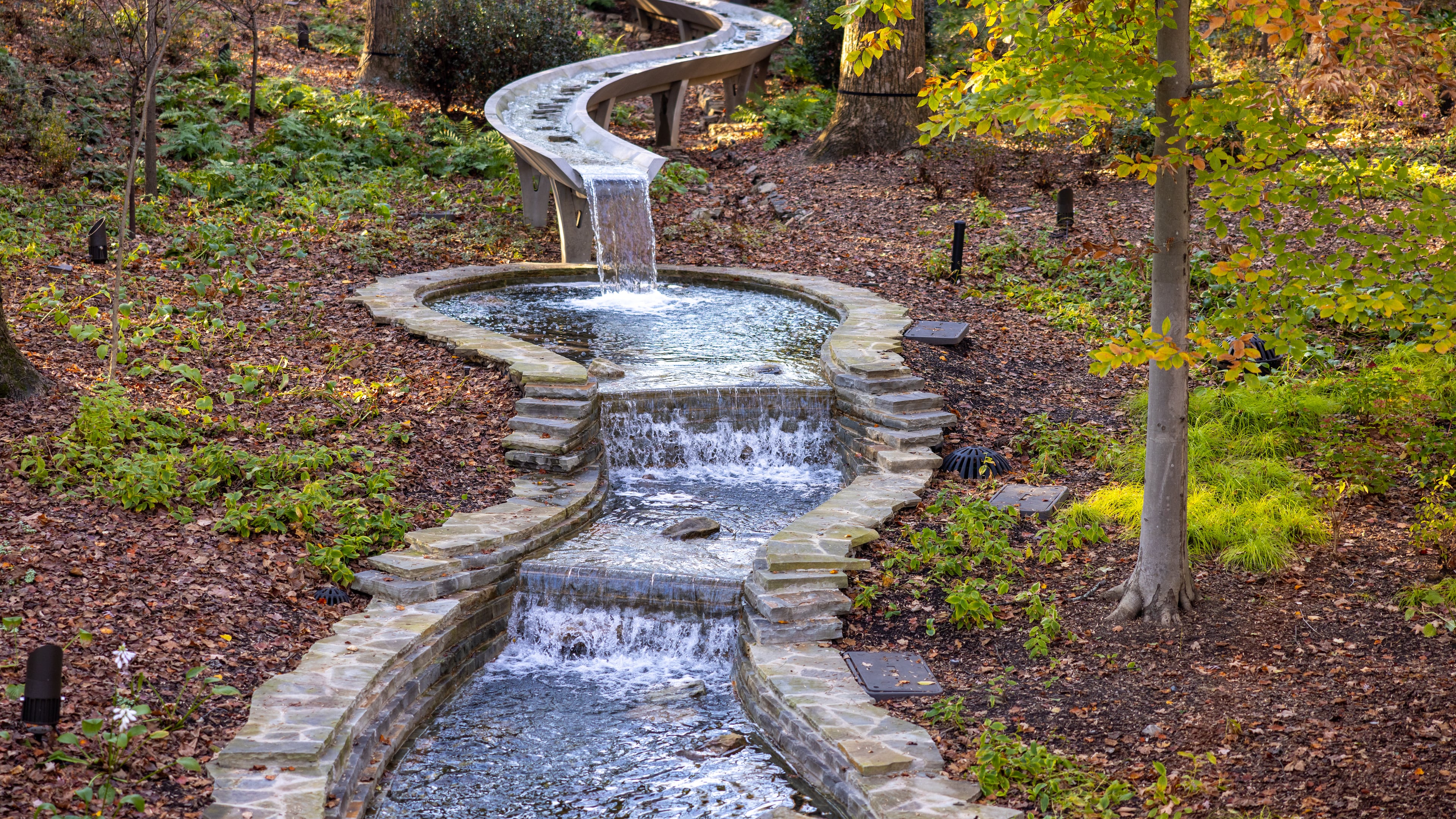 A stream and a waterfall flows through the woods at Atlanta Botannical Garden on November 17, 2022
