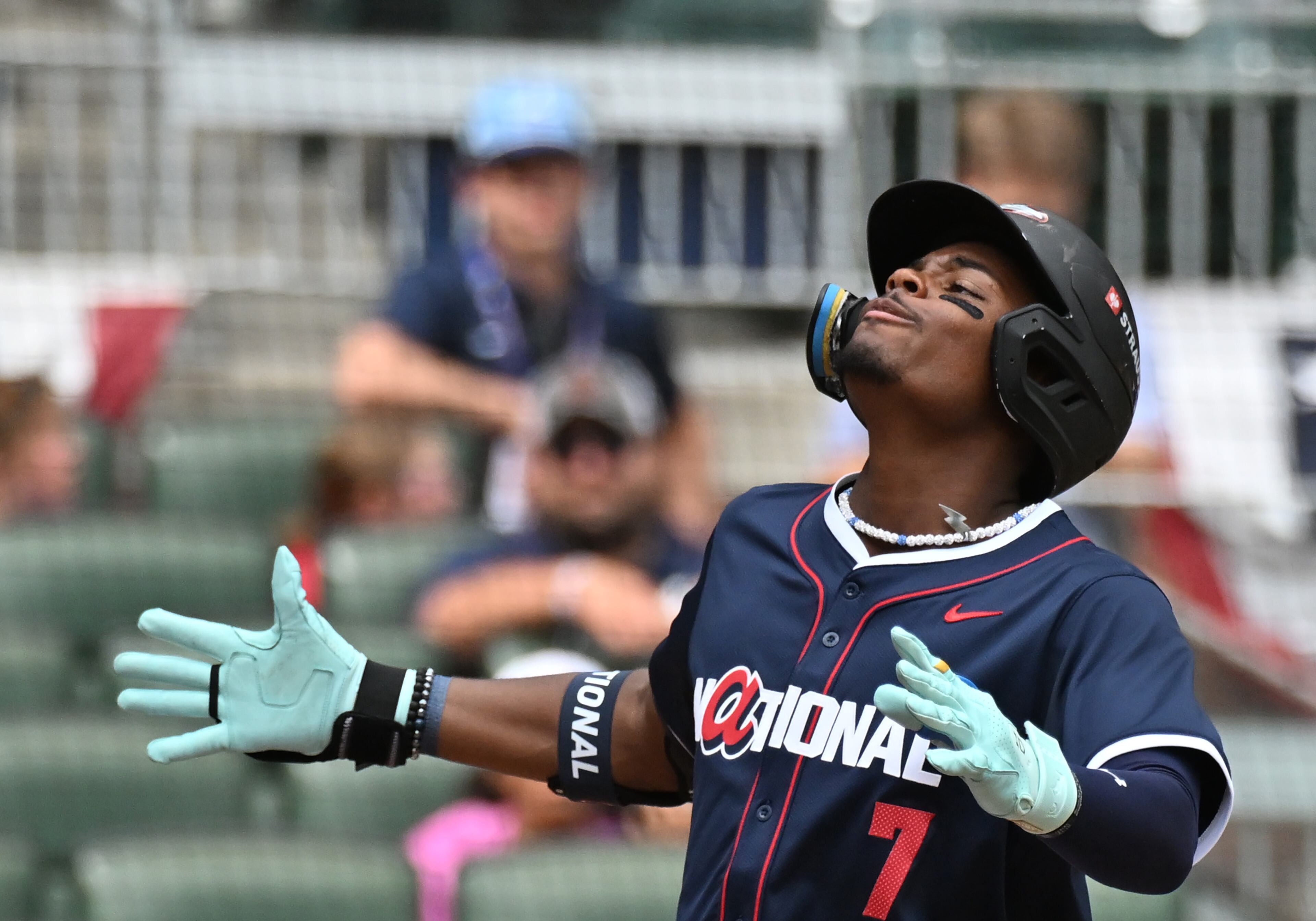 National League outfielder Josue De Paula (7) celebrates after hitting a 3-run home run during the fourth inning of the All-Star Futures Game at Truist Park, Saturday, July 12, 2025, in Atlanta. National League won 4-2 over American League. (Hyosub Shin / AJC)