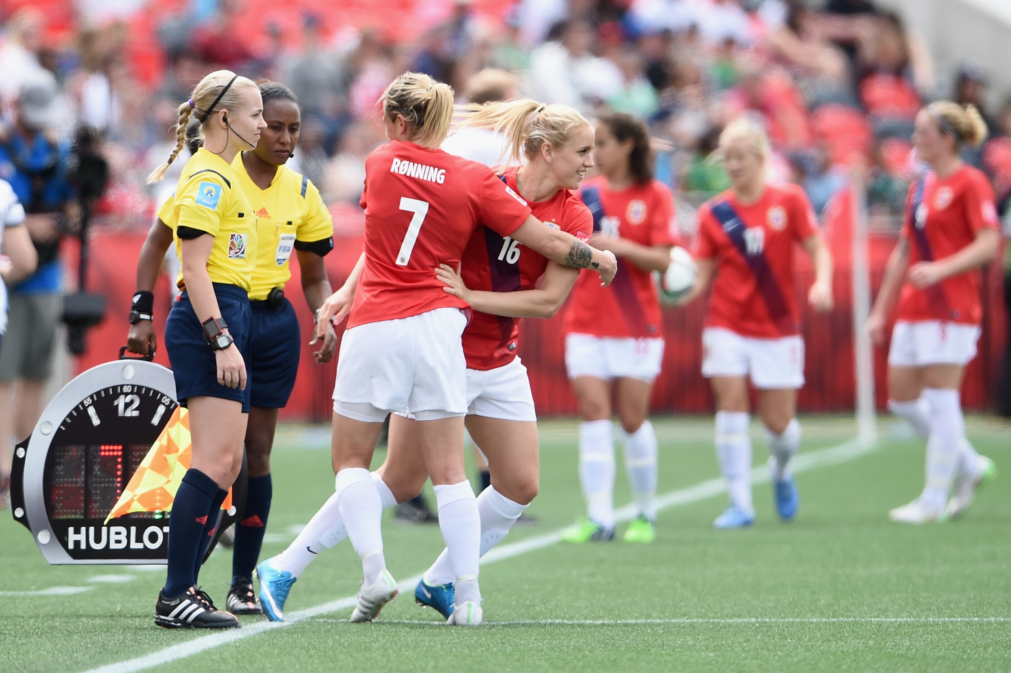 OTTAWA, ON - JUNE 07: Elise Thorsnes of Norway replaces team mate Trine Roenning during the FIFA Women's World Cup Canada 2015 Group B match between Norway and Thailand at Lansdowne Stadium on June 7, 2015 in Ottawa, Canada. (Photo by Dennis Grombkowski/Getty Images)