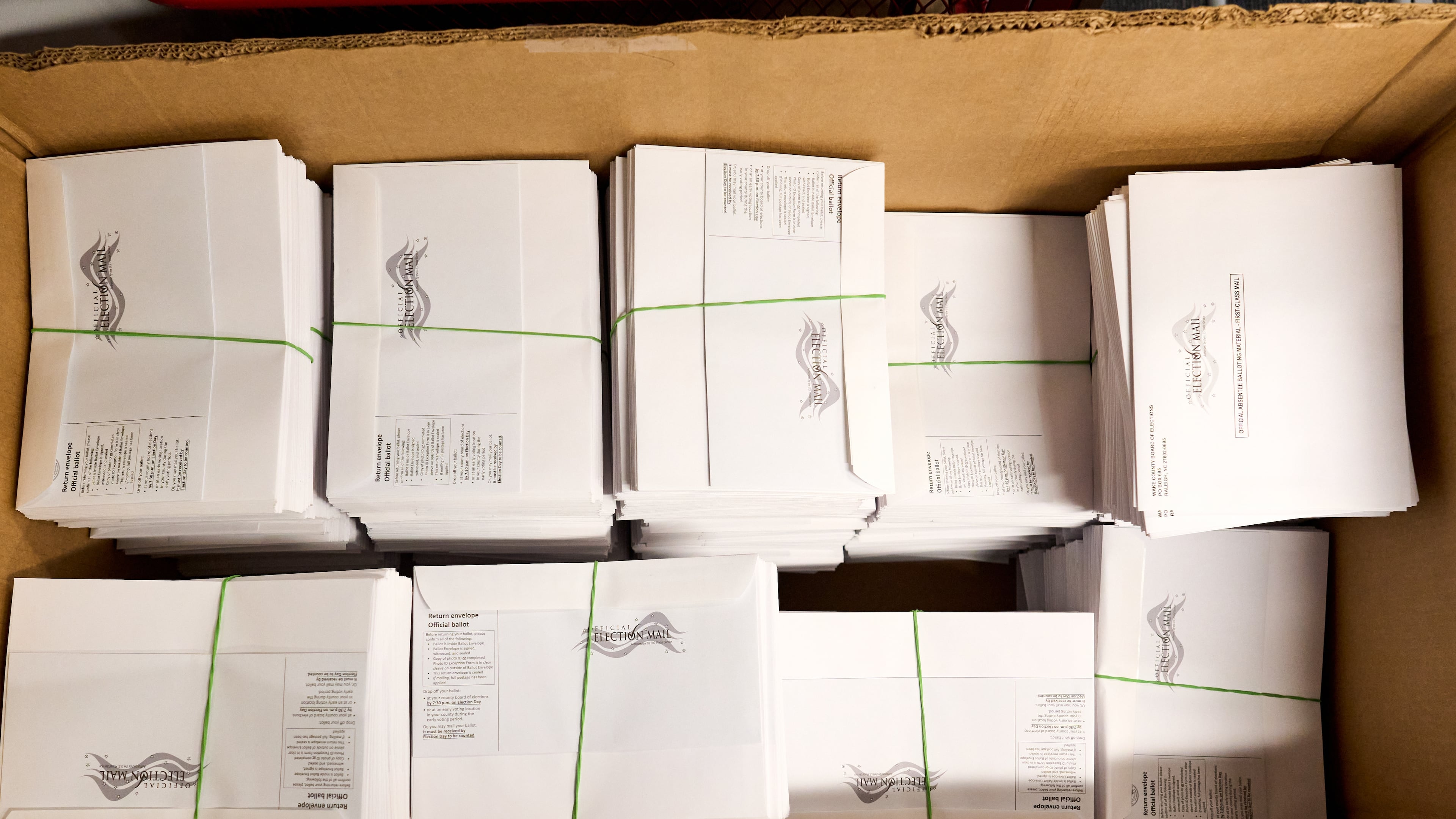A large box of pre-assembled mail-in ballots at the Wake County Board of Elections on Thursday, Sept. 3, 2026, in Raleigh, N.C. (AP Photo/Matt Ramey)