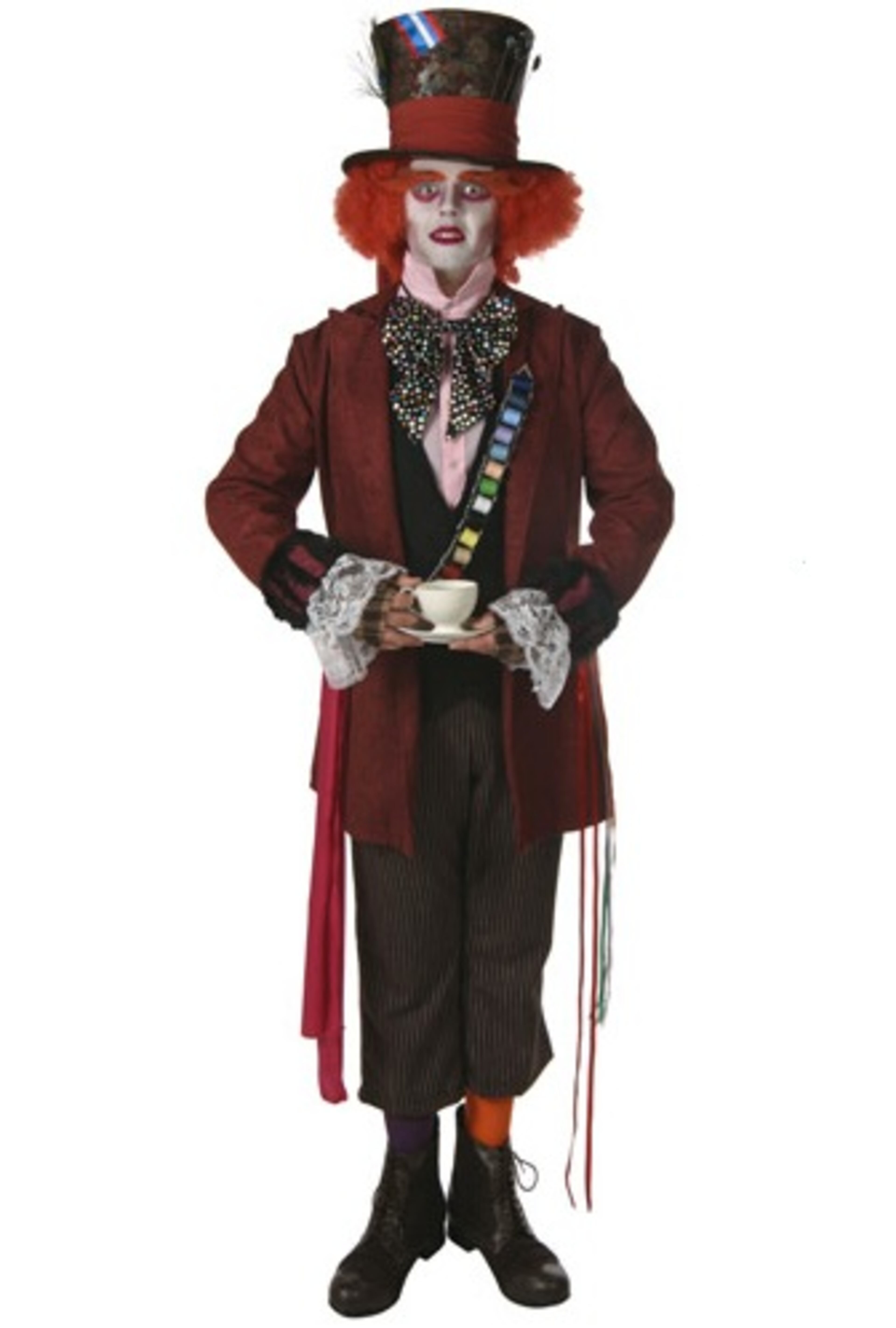 You can't get any closer to the Mad Hatter than this authentic costume! This detailed outfit looks just like the one seen in Tim Burton's Alice in Wonderland film. The burgundy jacket is made of polyester and features many details, including real, seashell buttons, fur and lace trimmed sleeve cuffs, and a lined interior. The faux pockets on the front have an attached pink scarf and many strands of colorful ribbon. The pink polyester shirt is a common collared shirt with real buttons down the torso and at the cuffs. The black vest has three buttons down the front and straps that tie around the back for a good fit. The vest has a raised floral pattern for depth and elegance. The pants are dark brown with mocha stripes, and you'll get a good fit with the elastic waistband. The tartan pattern half-gloves have elastic at the wrist and a hole for all four fingers as well as a hole for the thumb. The bowtie is black with colorful polka dots, and ties easily around the neck. All of these components make up the most realistic Mad Hatter costume you've ever seen! $149.99 at halloweencostumes.com