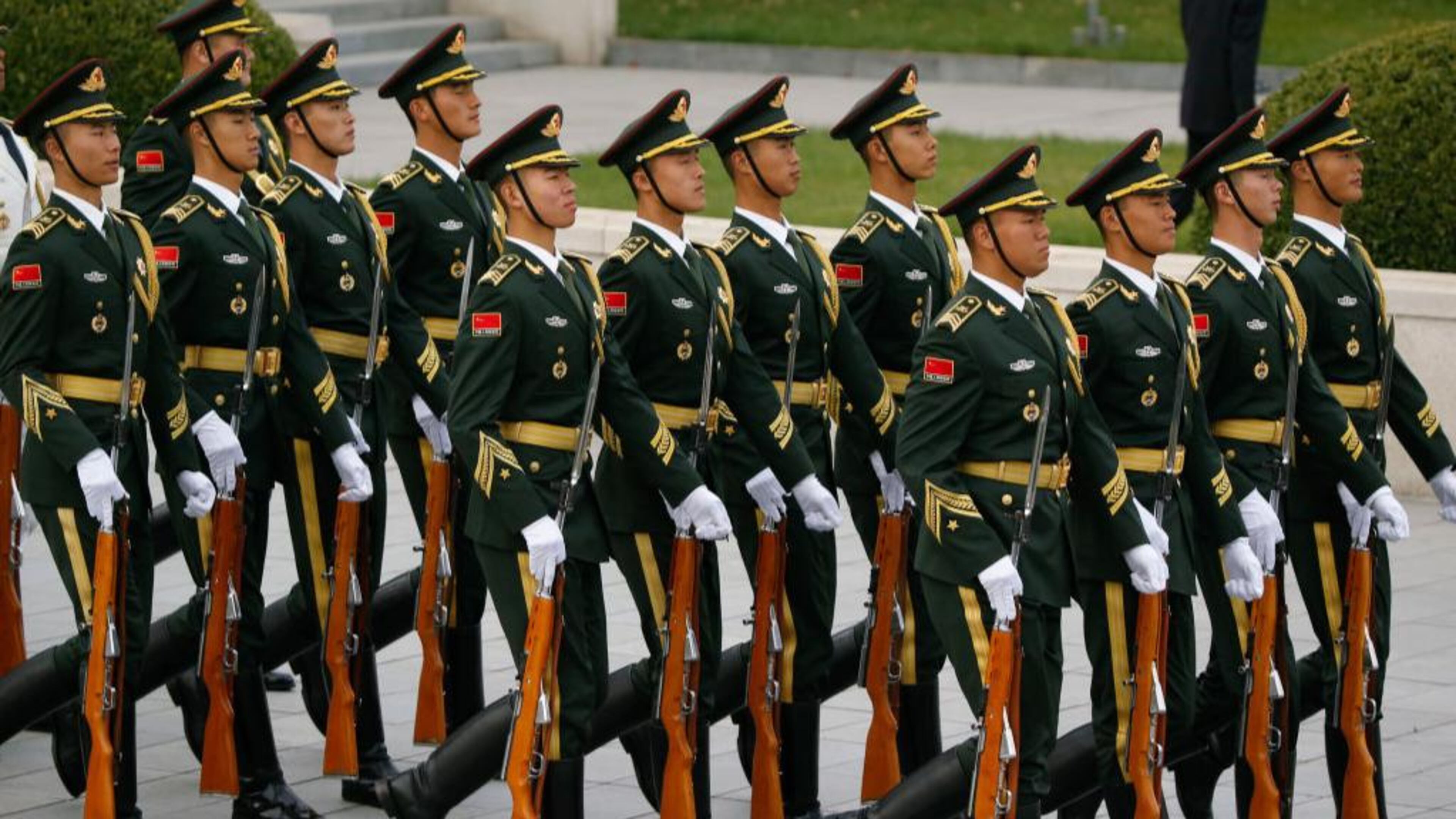 Honor guards march to get into position for the arrival of U.S. President Donald Trump and first lady Melania at Beijing airport on November 8, 2017 in Beijing, China, . Trump visited China as a part of his Asian tour.