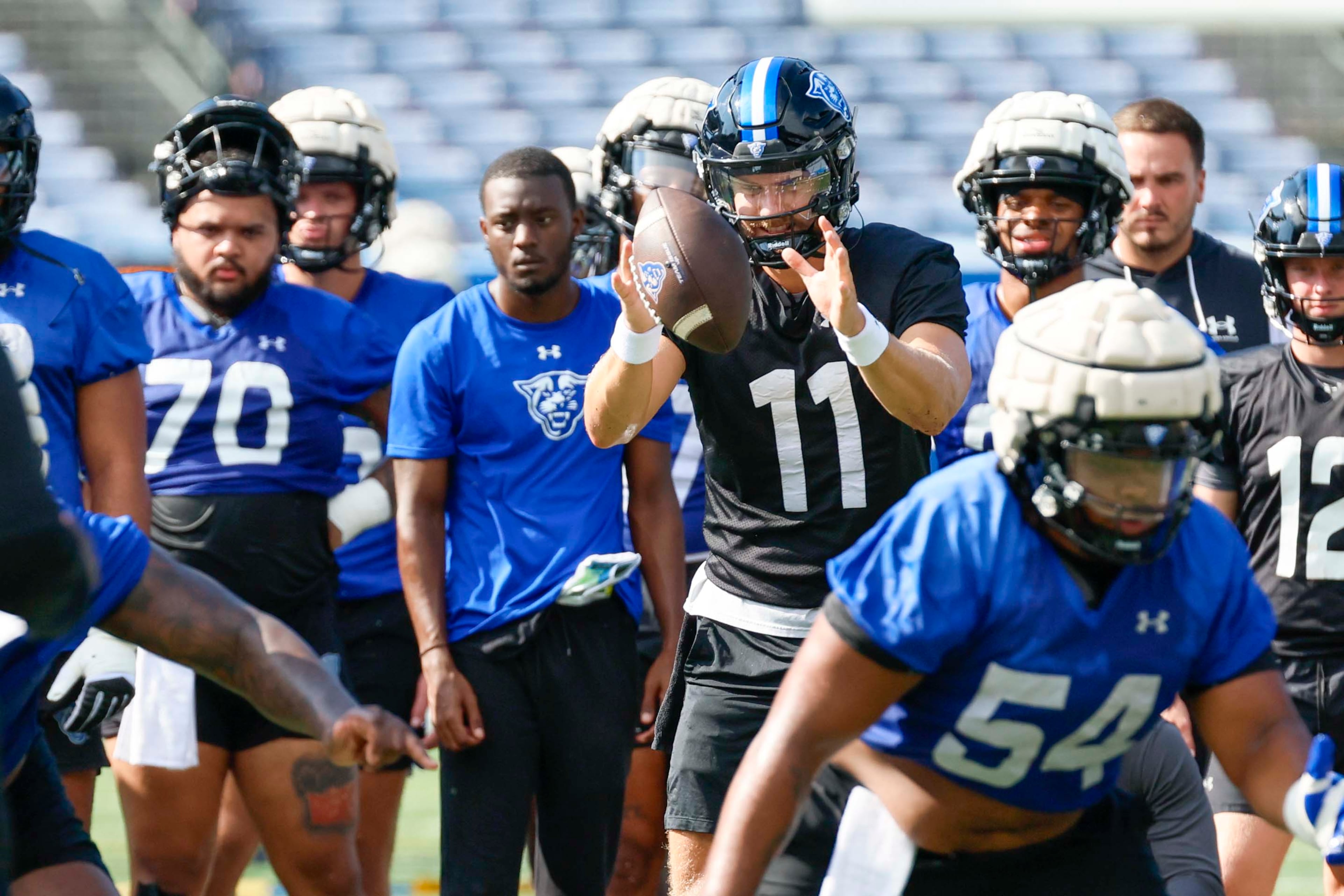 Christian Veilleux (11) works on a play during Georgia State University’s first day of practice at Center Parc Stadium on Thursday, July 31, 2025, in Atlanta.
(Miguel Martinez/AJC)