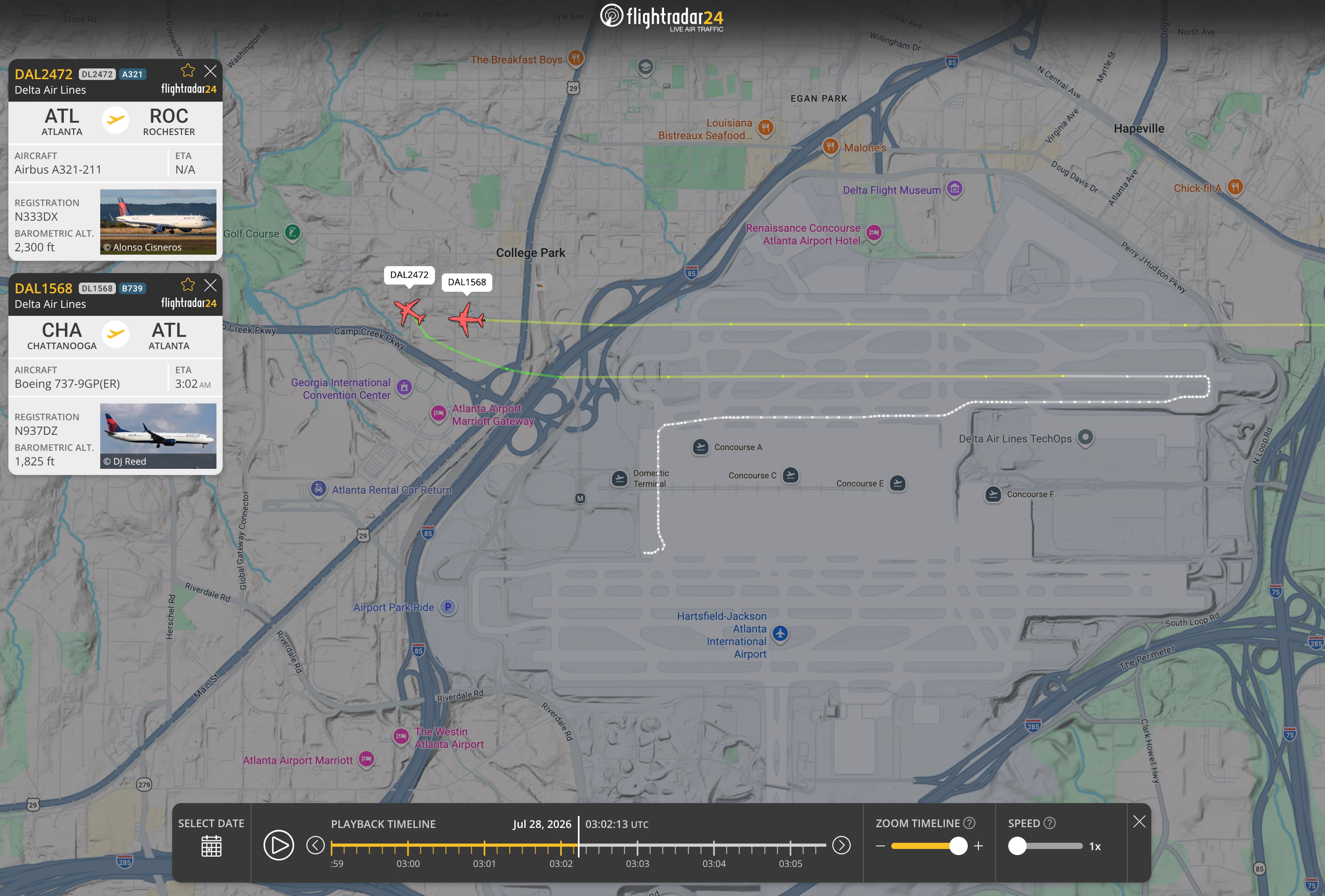 Delta flight 2472 was departing from the Atlanta airport to Rochester, New York, when it crossed in front of incoming Delta flight 1568 from Pittsburgh. The aircraft were separated by 1,230 feet laterally and 550 feet vertically at their closest point. (Courtesy of Flightradar24.com)