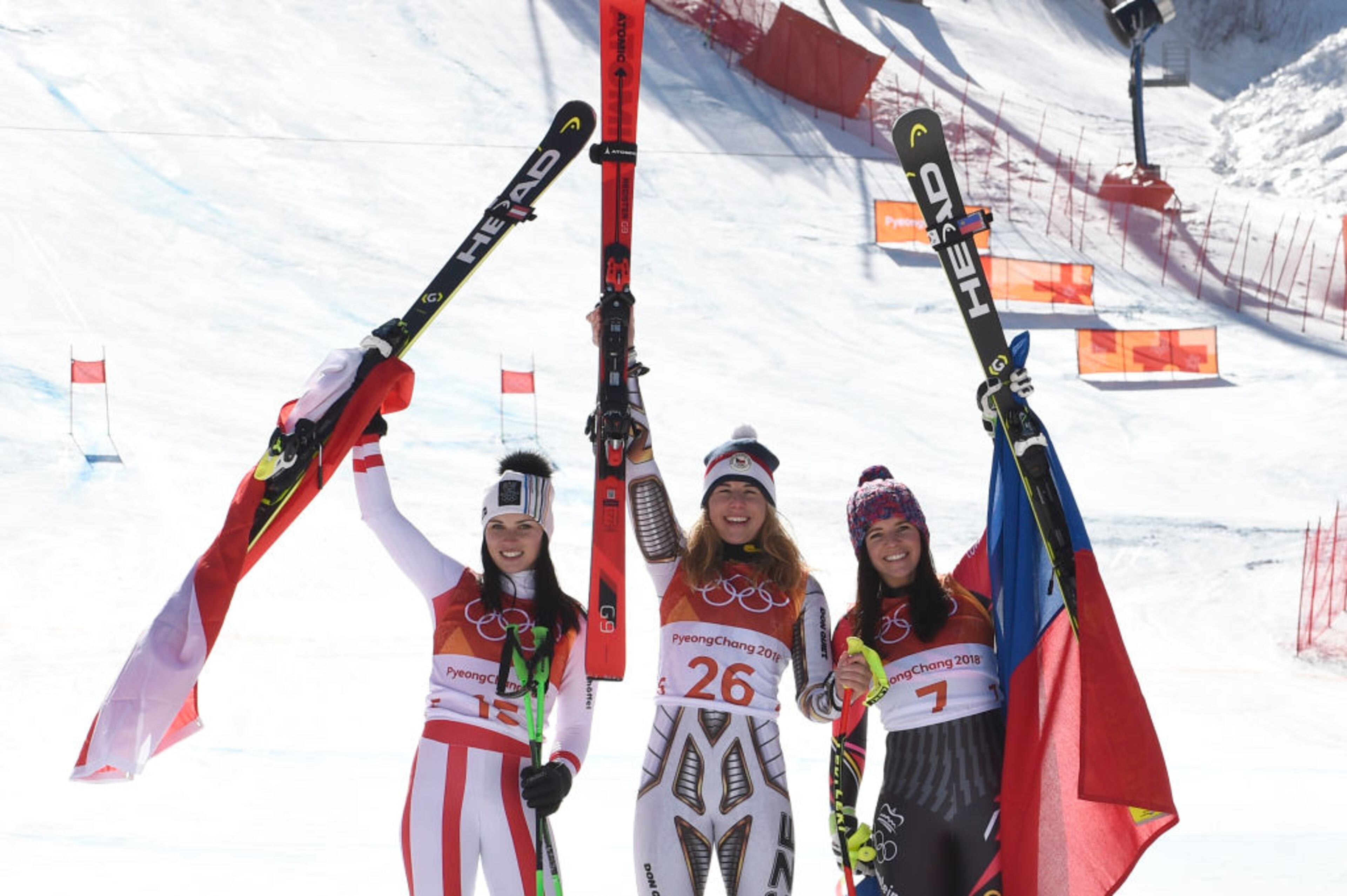 PYEONGCHANG-GUN, SOUTH KOREA - FEBRUARY 17: Anna Veith of Austria wins the silver medal, Ester Ledecka of Czech Republic wins the gold medal, Tina Weirather of Liechtenstein wins the bronze medal during the Alpine Skiing Women's Super-G at Jeongseon Alpine Centre on February 17, 2018 in Pyeongchang-gun, South Korea. (Photo by Alain Grosclaude/Agence Zoom/Getty Images)