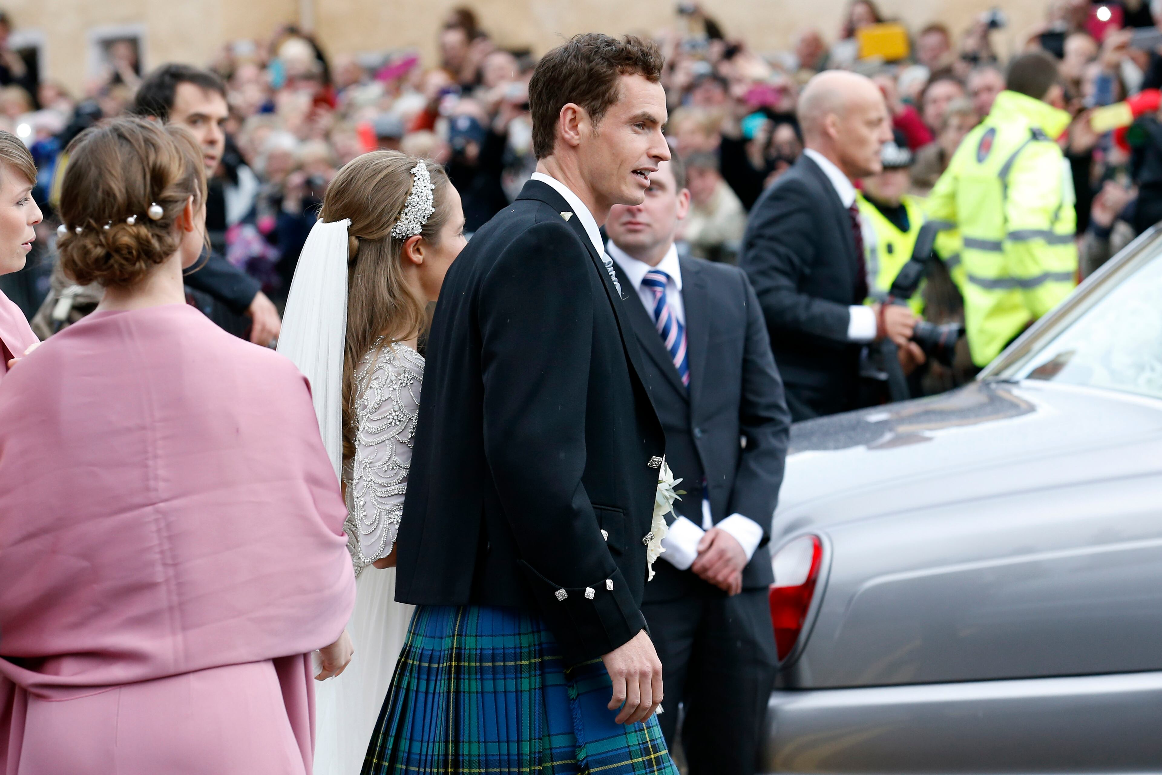 DUNBLANE, UNITED KINGDOM - APRIL 11: Andy Murray and Kim Sears leave Dunblane Cathedral after their wedding on April 11, 2015 in Dunblane, Scotland. (Photo by Alex B. Huckle/Getty Images)