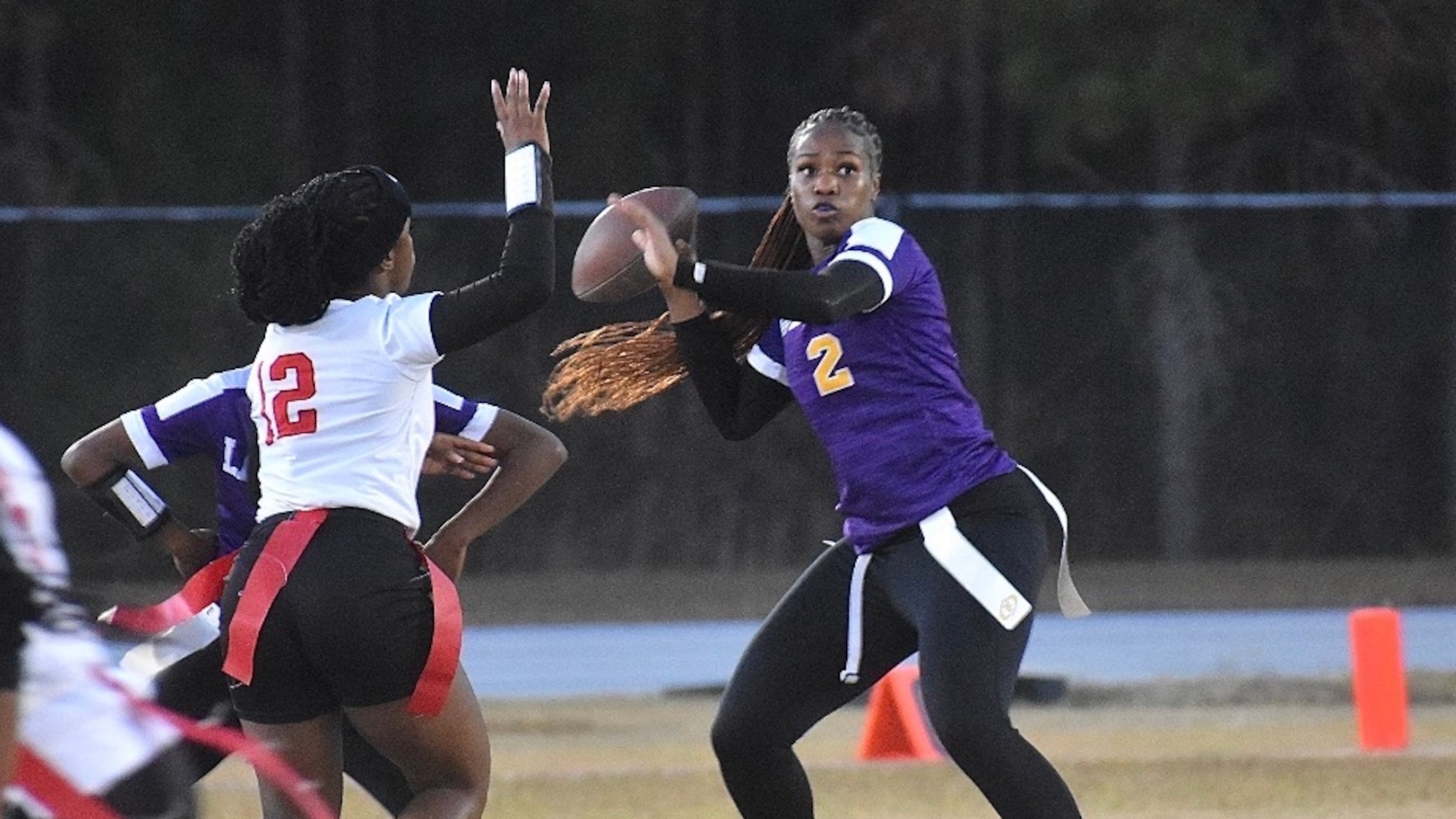 Fitzgerald flag football quarterback and linebacker Sanorra McKind (2) is a three-year starter for one of Georgia's top teams. She led the Purple Hurricane to the GHSA Division I semifinals last season.