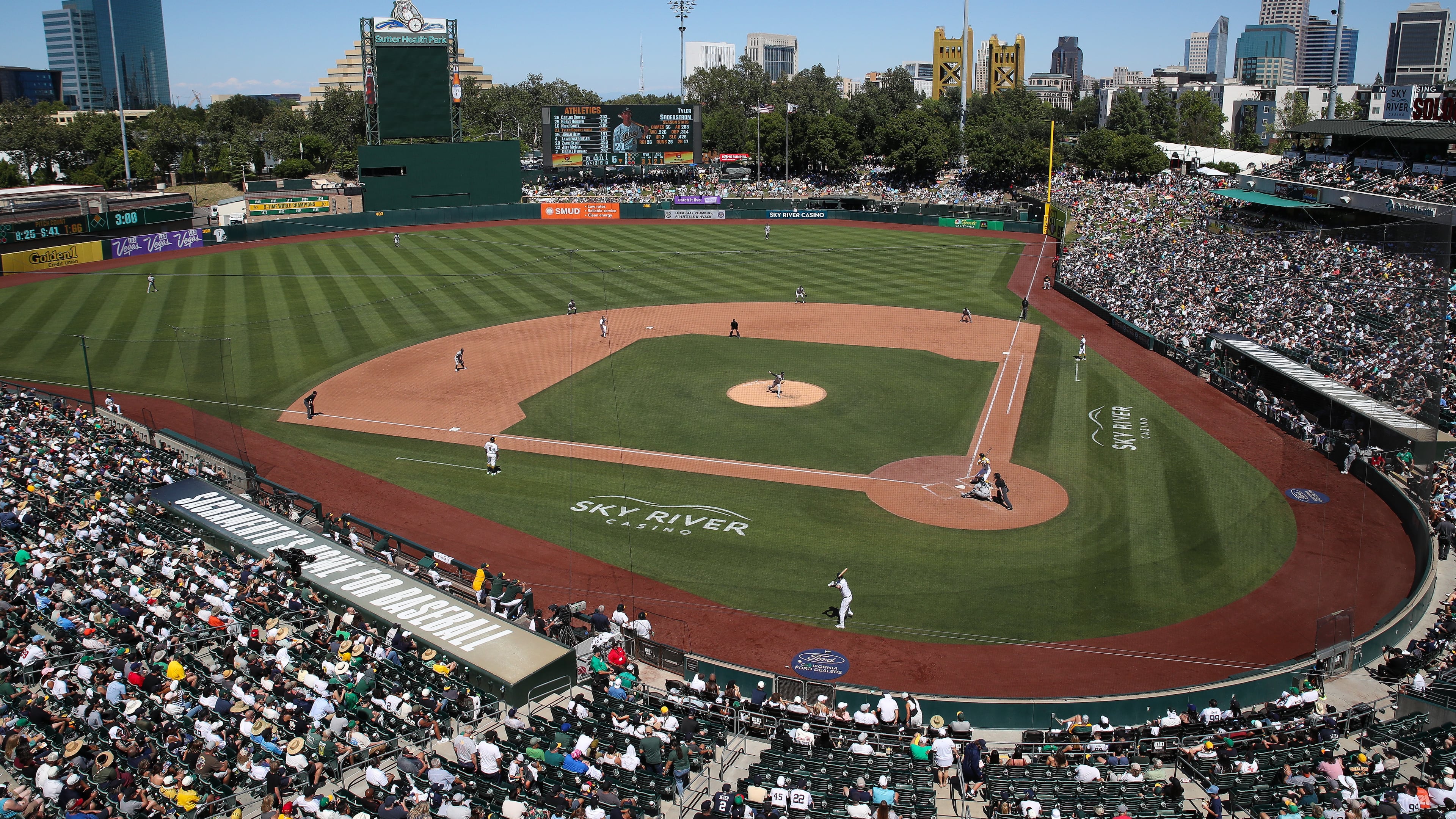 The Athletics and the New York Yankees play during the fifth inning of a baseball game at Sutter Health Park, Sunday, May 31, 2026, in West Sacramento, Calif. (AP Photo/Scott Marshall)