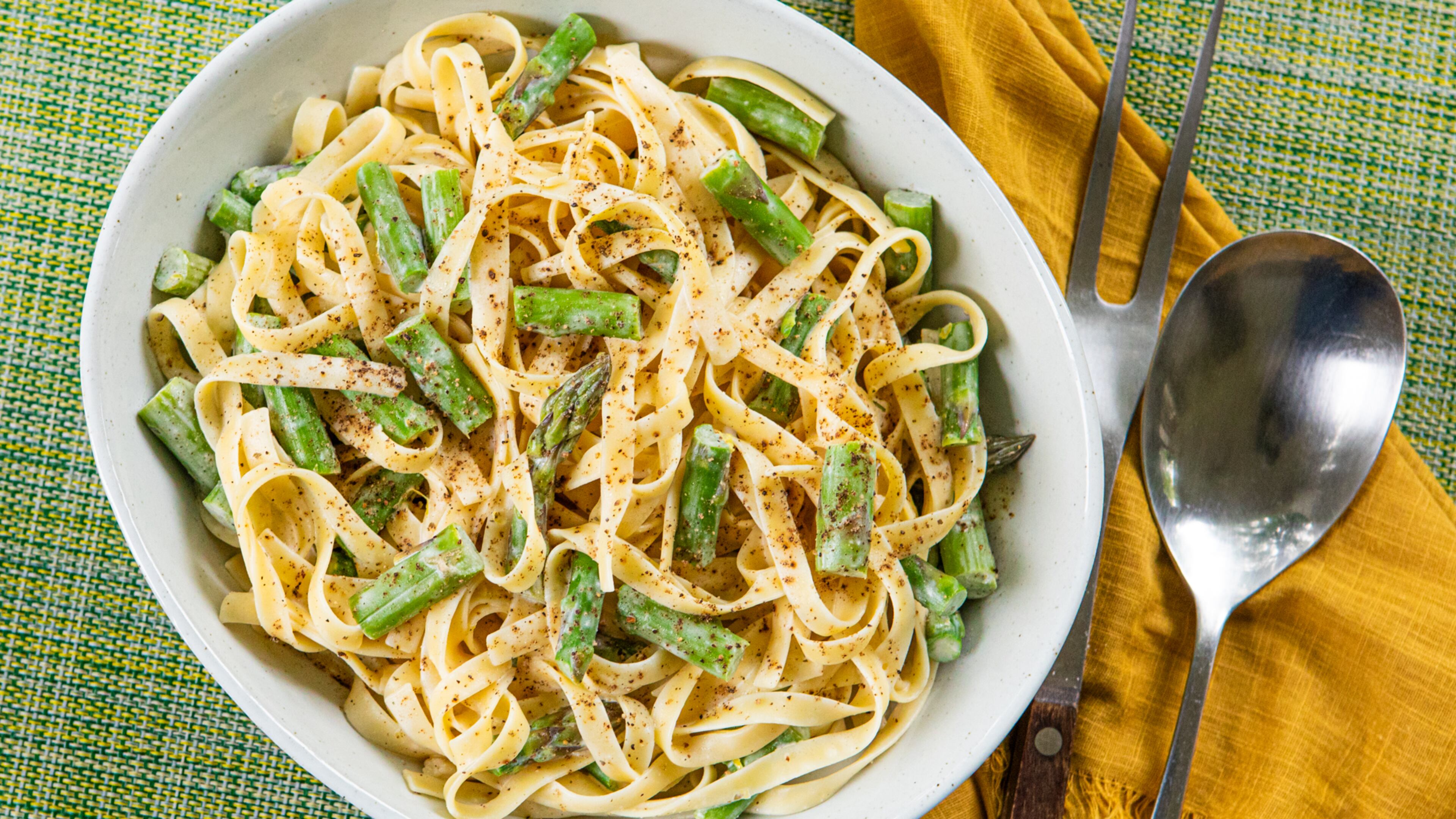 Creamy asparagus pasta. (Aaliyah Man for the AJC/Food styling by Kate Williams)