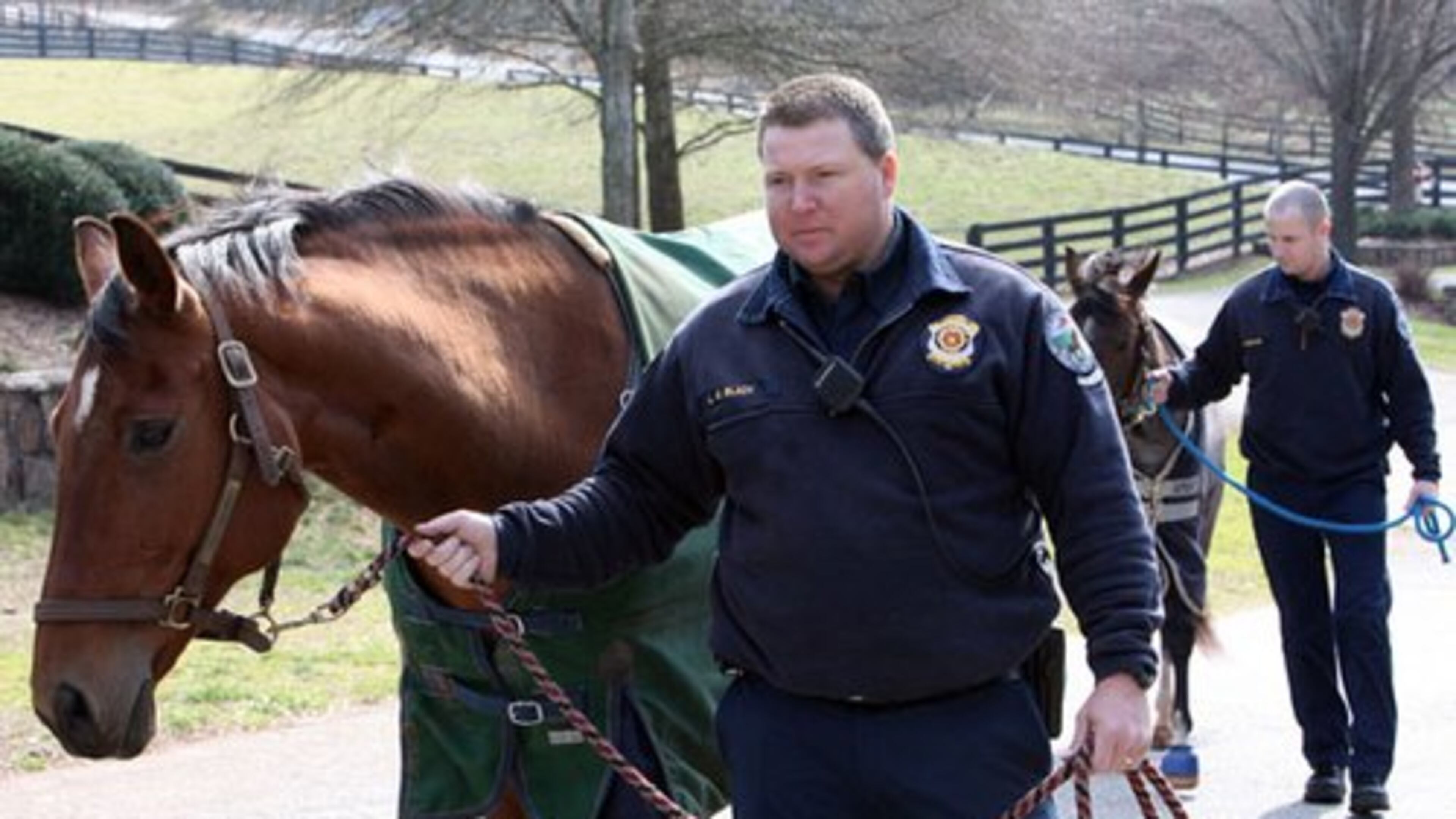 Milton firefighter Shane Black (left) walks Ali as Alex Fortner handles Toy.