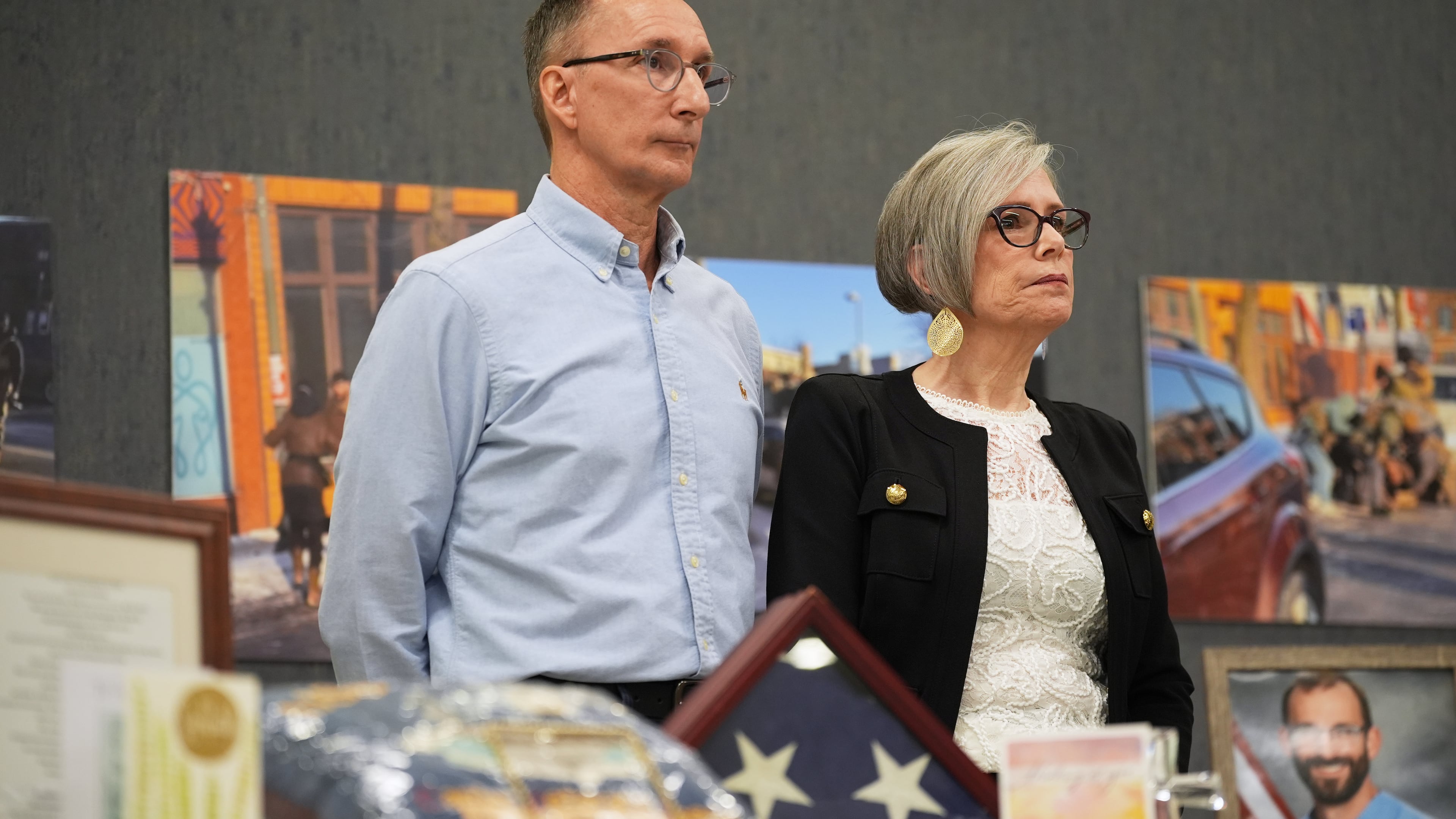 Michael Pretti and Susan Pretti, parents of Alex Pretti, who was killed by federal immigration agents in January, listen during a news conference, Tuesday, Oct. 27, 2026, in Minneapolis. (AP Photo/Ellen Schmidt)