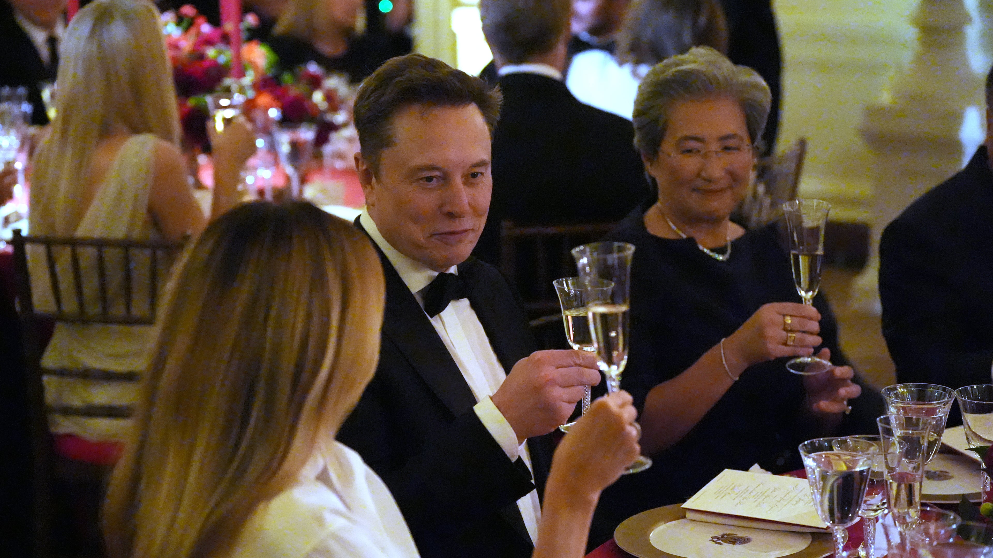 Elon Musk toasts first lady Melania Trump during a State Dinner with President Donald Trump and China's President Xi Jinping in the East Room at the White House, Thursday, Sept. 24, 2026, in Washington. (AP Photo/Alex Brandon)
