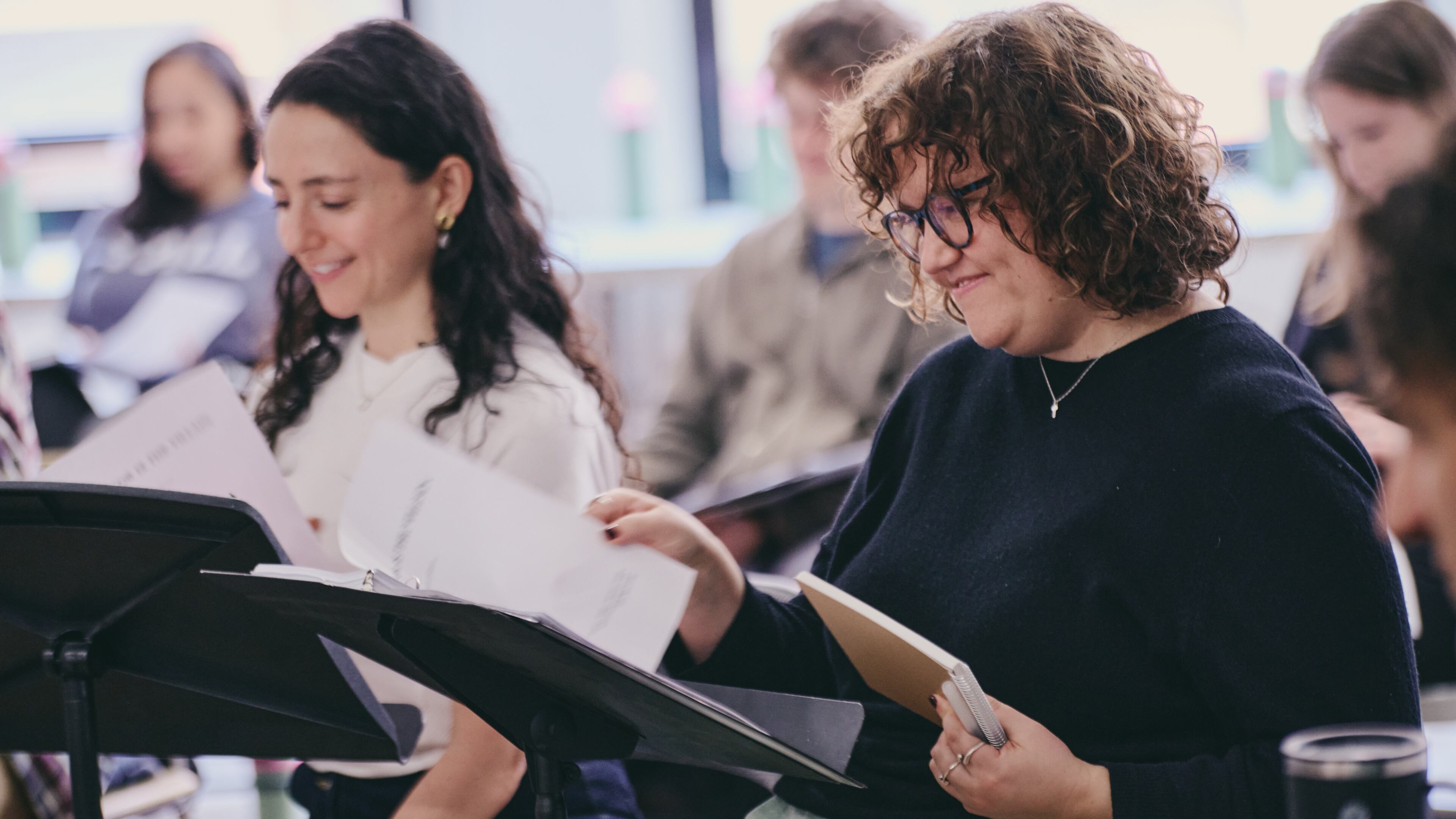 Director Danya Taymor, left, and playwright Kimberly Belflower on the first day of rehearsals of "John Proctor Is the Villain."