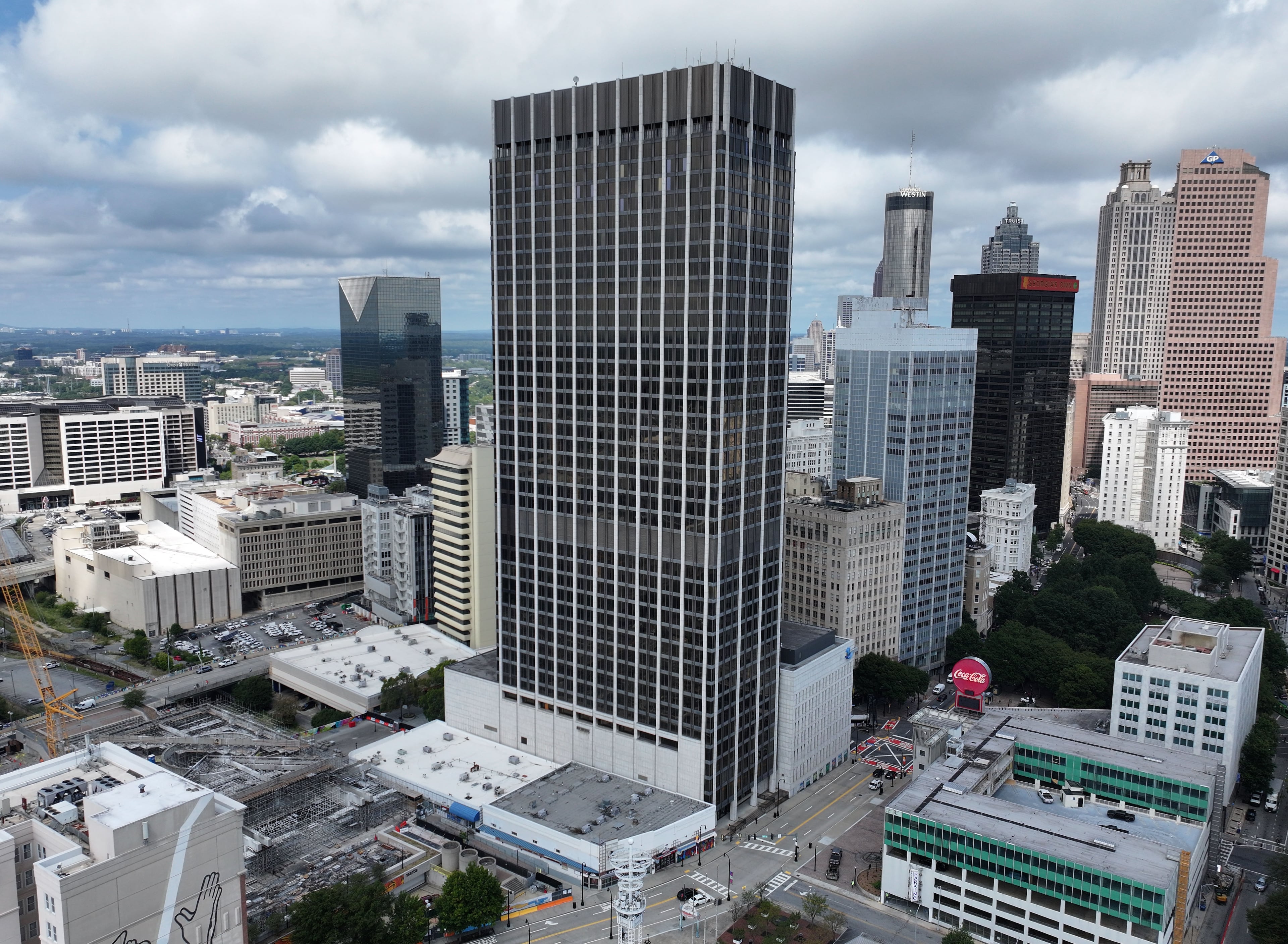 An aerial view of 2 Peachtree St. NW on Wednesday, Sept. 23, 2026, in Atlanta. Invest Atlanta is overseeing an effort to turn it into 625 housing units. (Hyosub Shin/AJC)