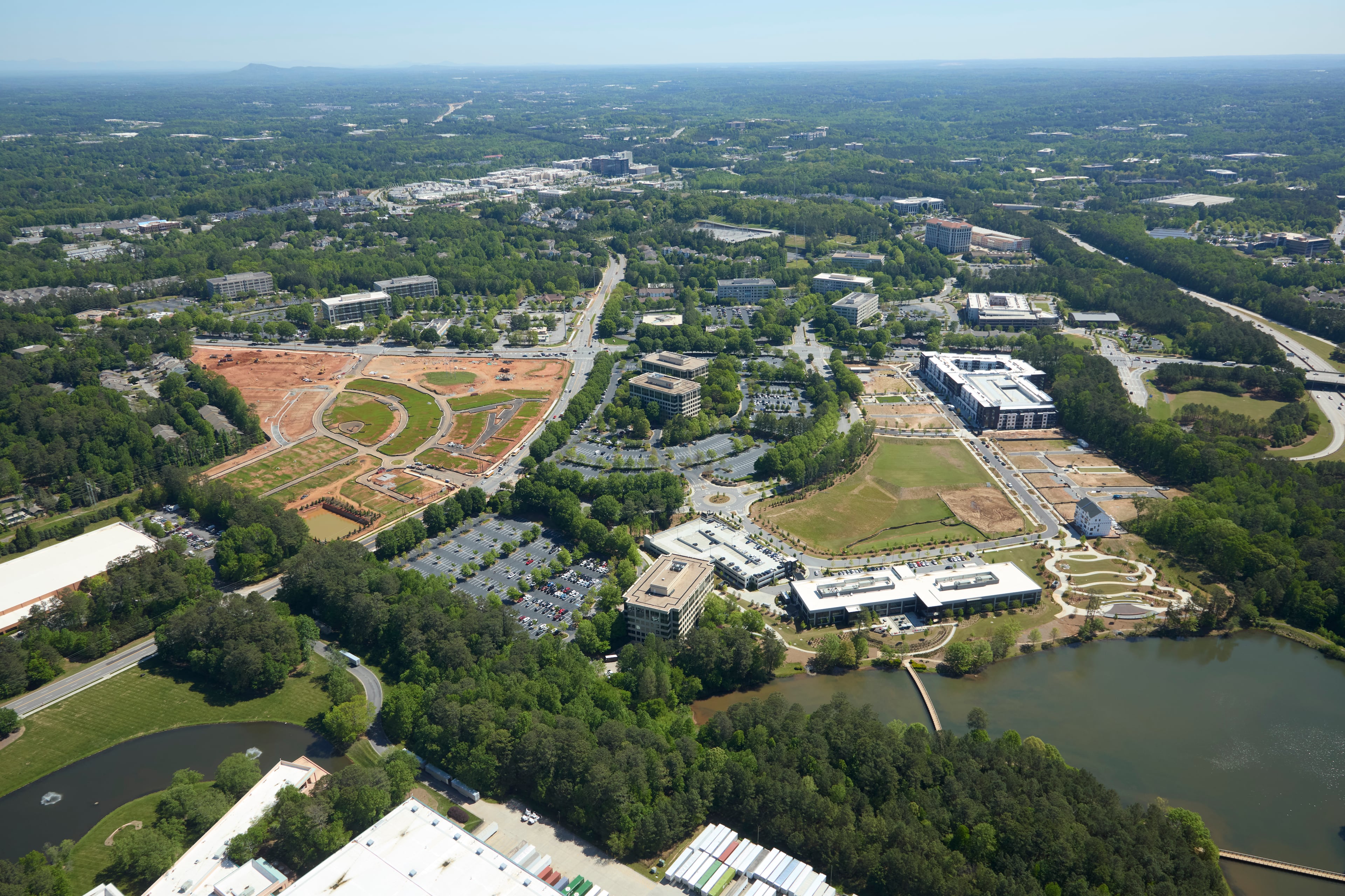 This is an aerial photo of the three-building Georgia 400 Center office park in Alpharetta. (Courtesy of Third & Urban)